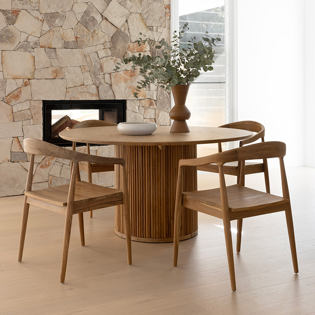 Lifestyle dining view of Rigby Armchair – Natural styled with round oak table.