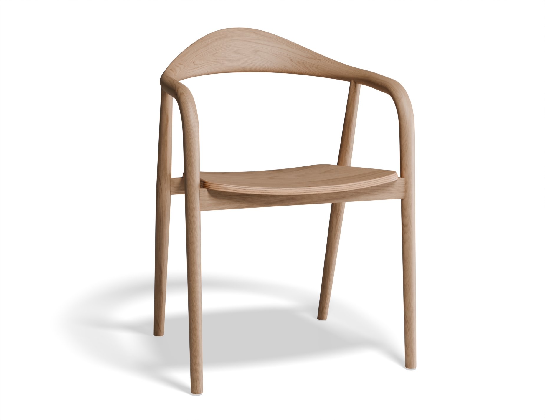 Slightly angled front view of a natural wooden armchair.