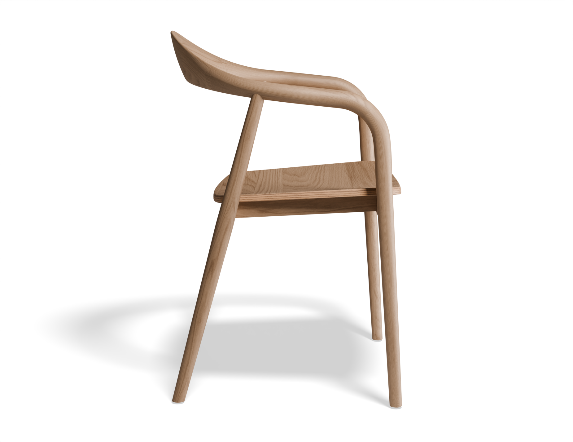 Side view of a natural wooden armchair.