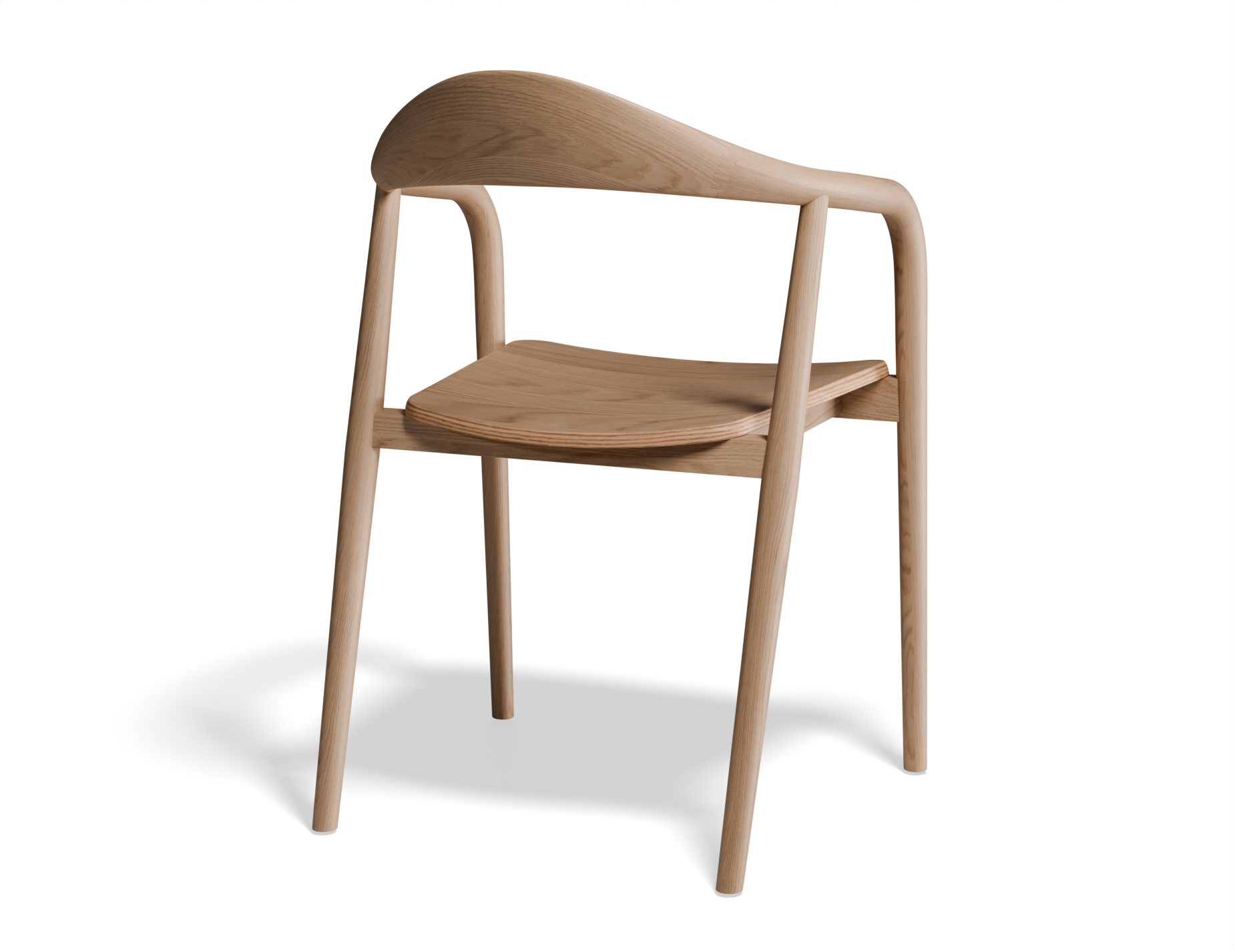 Slightly angled rear view of a natural wooden armchair.