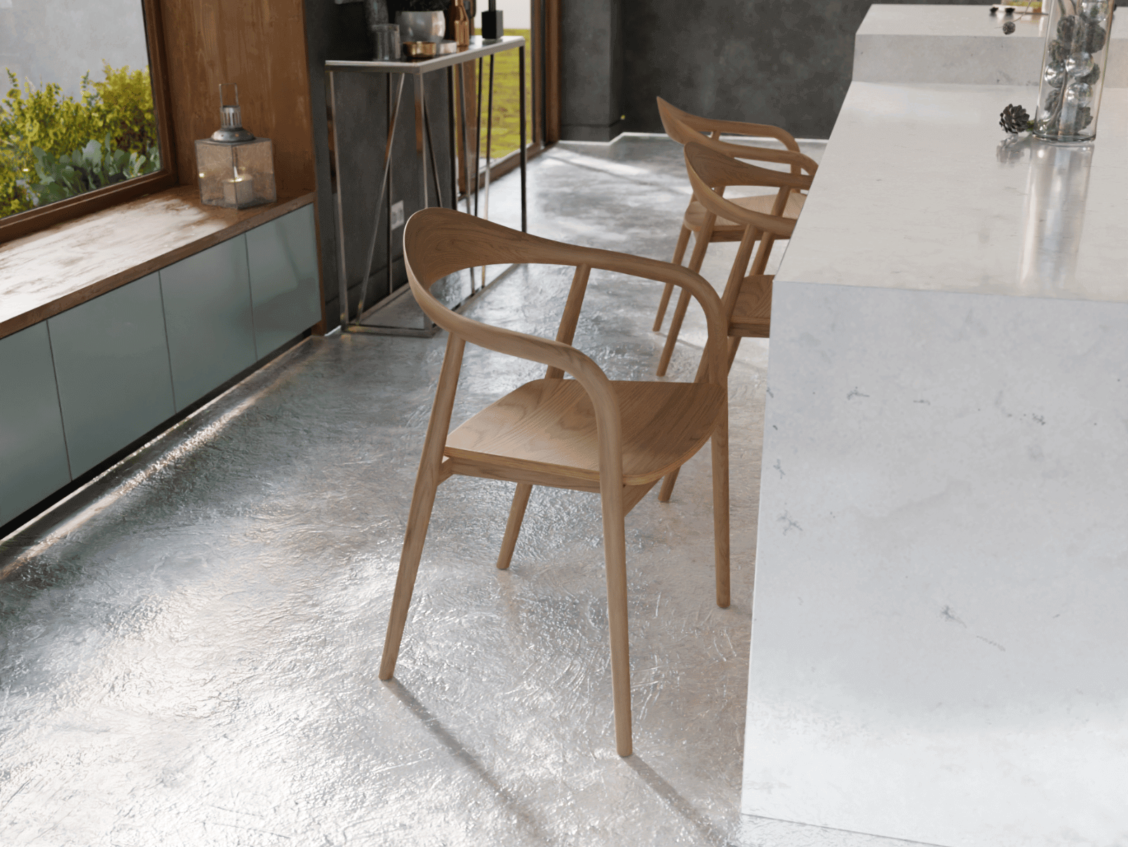 Side view of a natural wooden armchair in a cafe setting on polished concrete floor.
