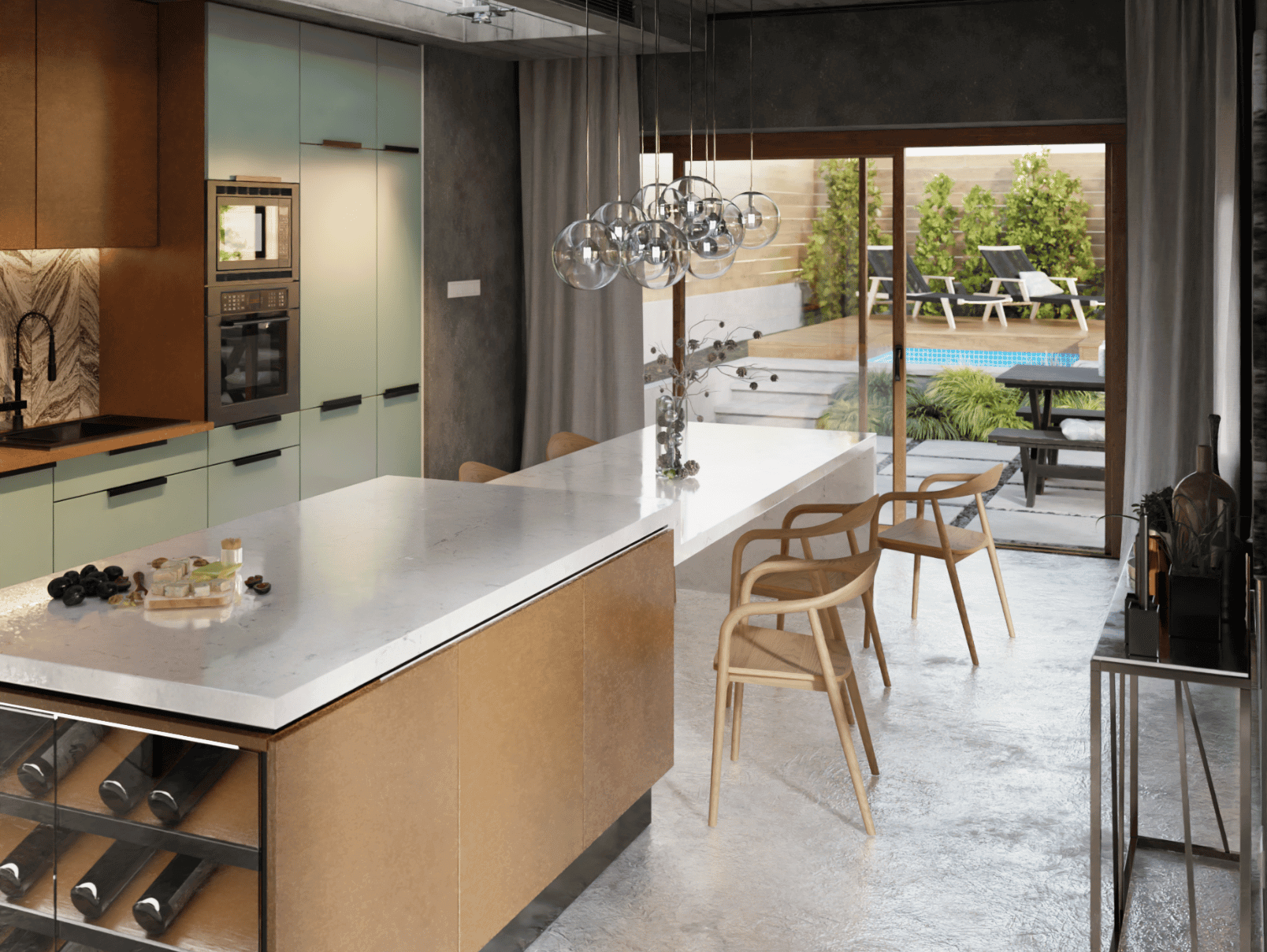 Natural wooden armchairs in a modern house kitchen setting with a view outside to a spa and wood deck.