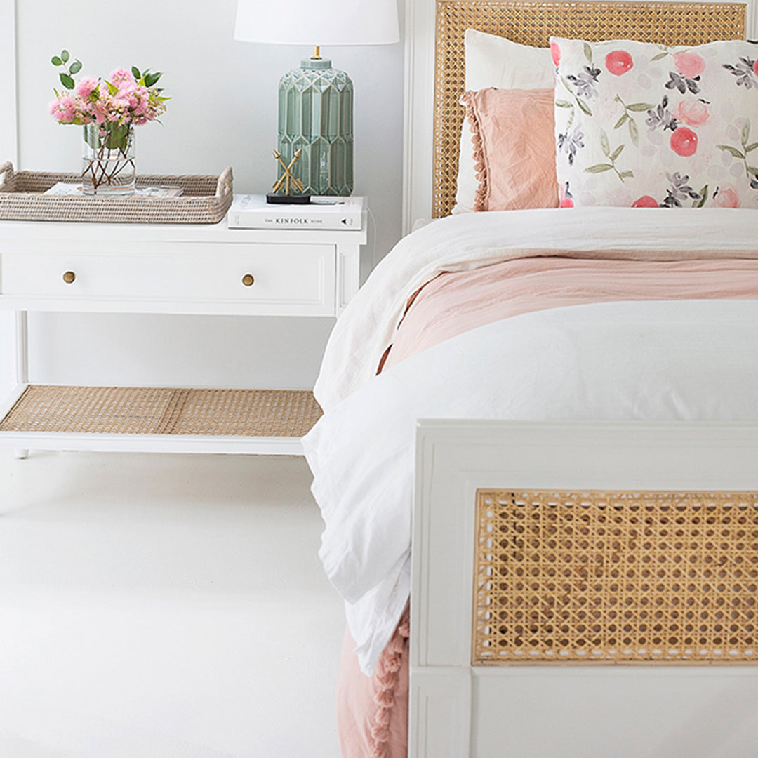 Hamilton Cane Bedside Table - White - 91cm Wide - SEATONES