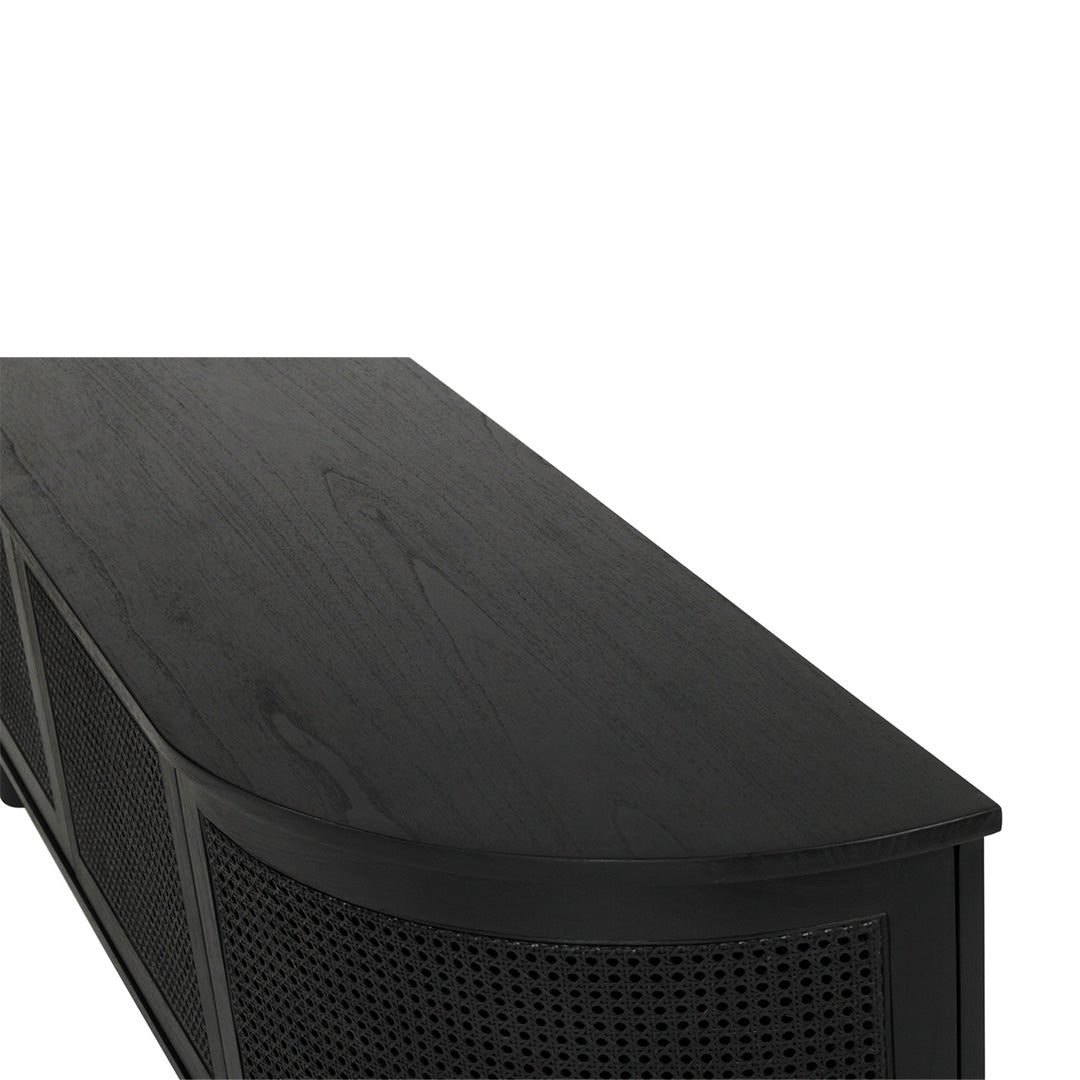 Overhead close-up of Iluka Four Door Entertainment Unit – Black highlighting smooth black timber top and curved frame