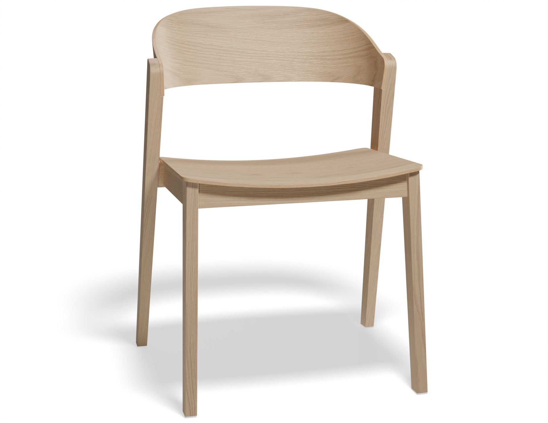 Slightly angled front view of natural wood dining chair.