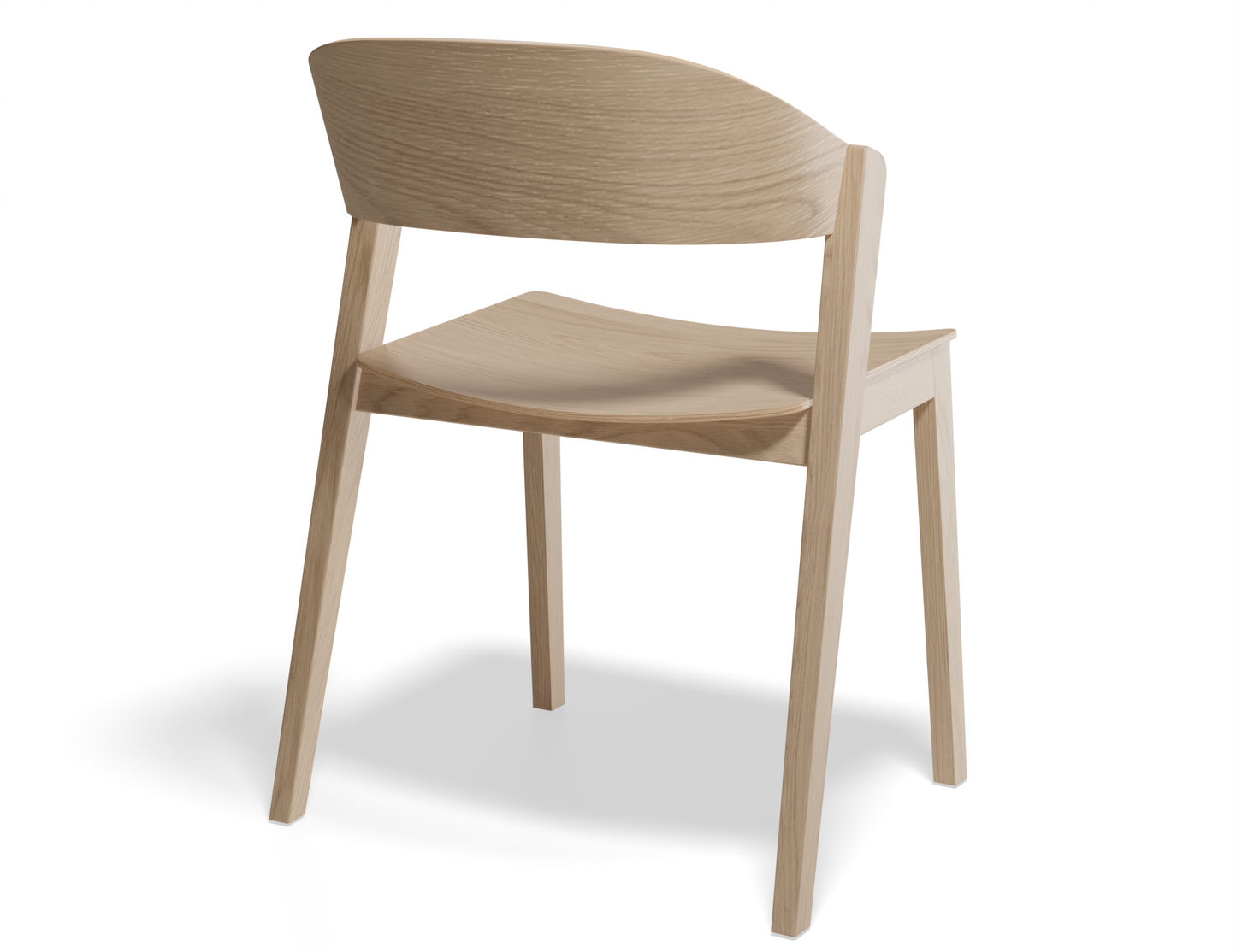 Slightly angled rear view of natural wood dining chair.