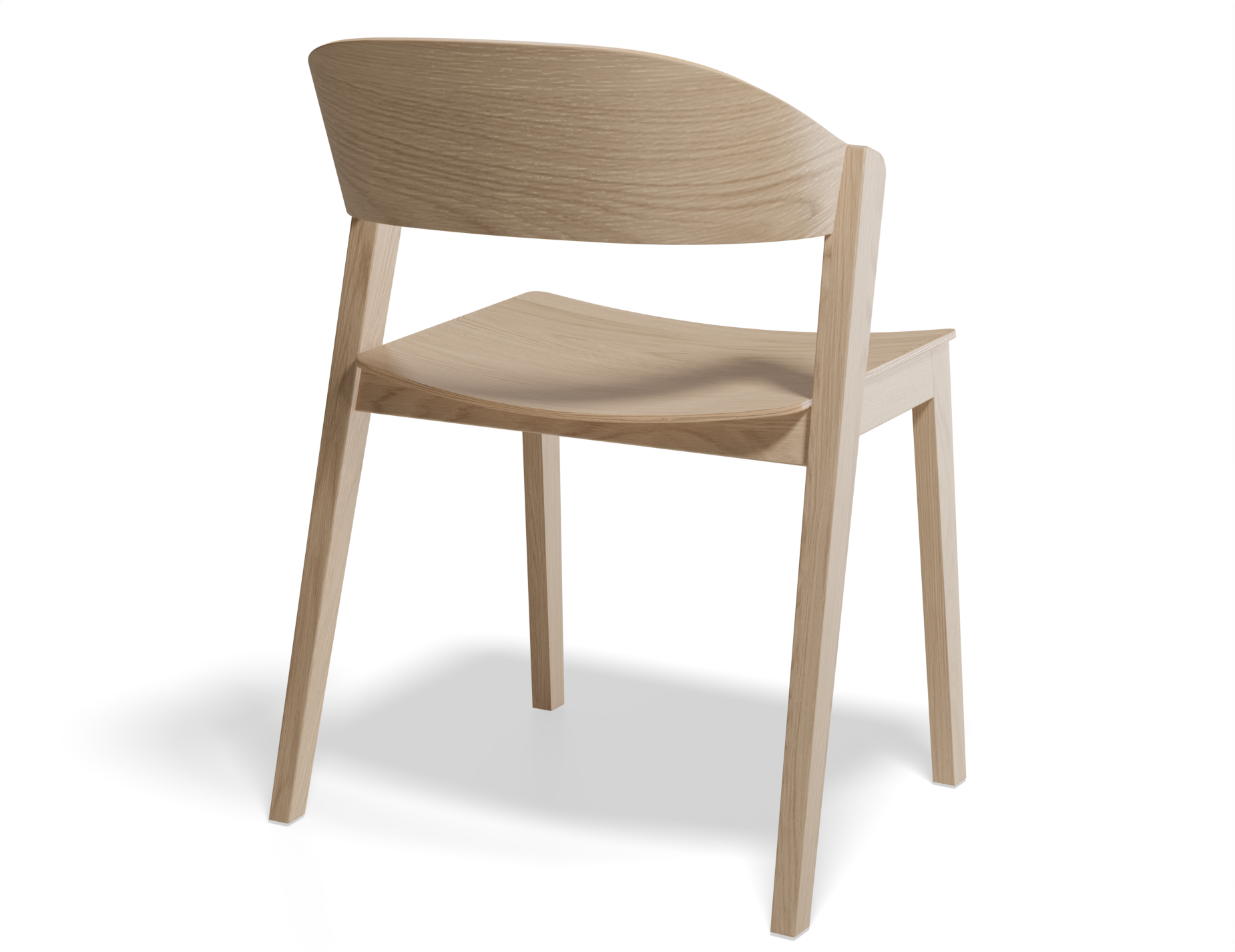Slightly angled rear view of natural wood dining chair.
