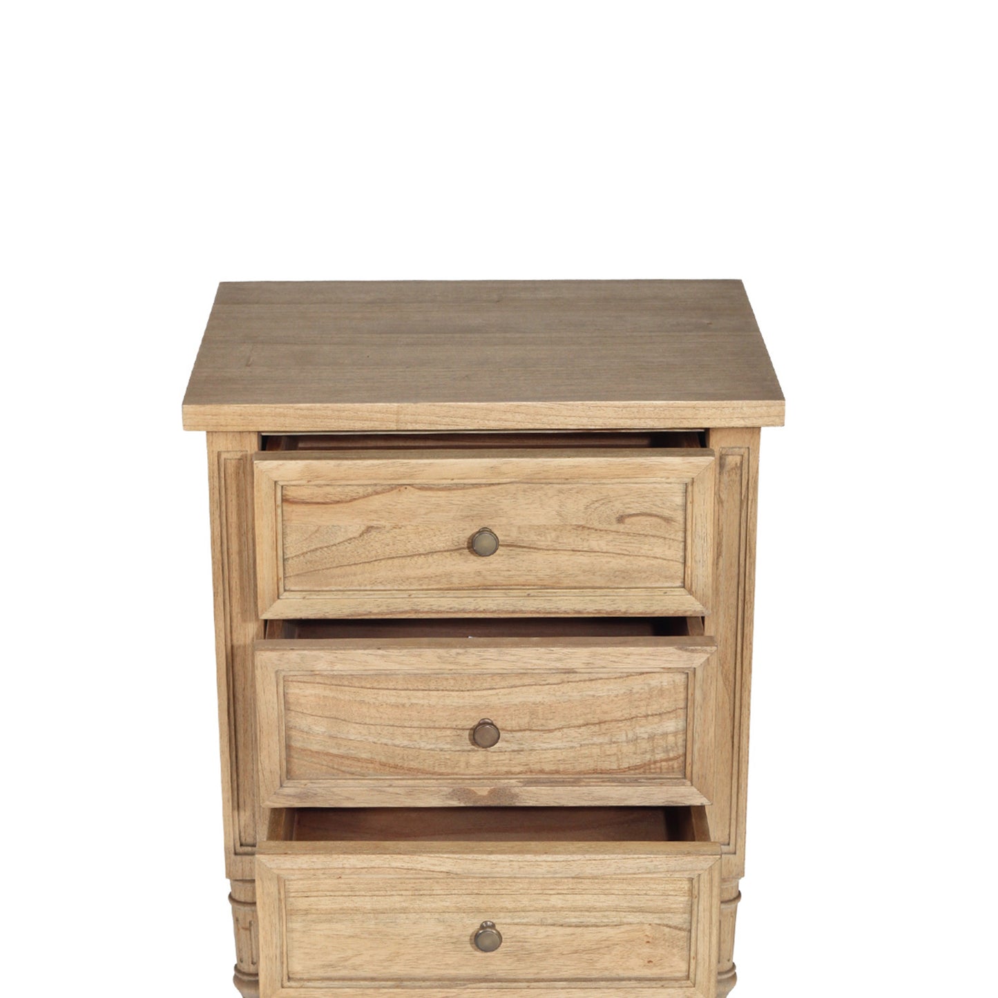 Front view of Hamilton 3 drawer bedside table – Natural with three drawers partially open.