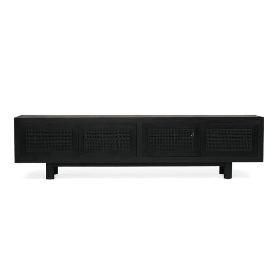 Front view of Iluka four-door entertainment unit in matte black with woven cane front doors
