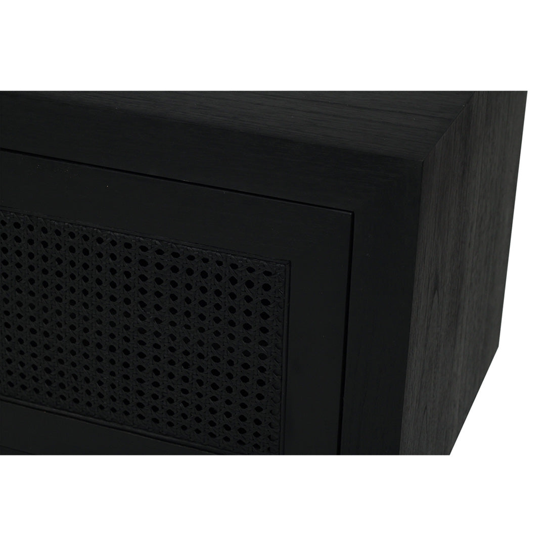 Close-up of Iluka Four Door Entertainment Unit – Black highlighting rattan cane panel and timber frame