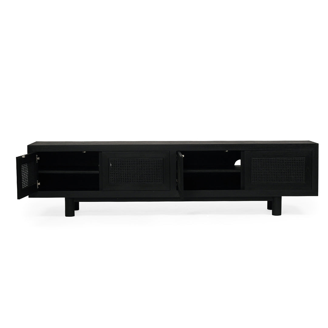 Iluka entertainment unit with one door open, revealing concealed storage shelves