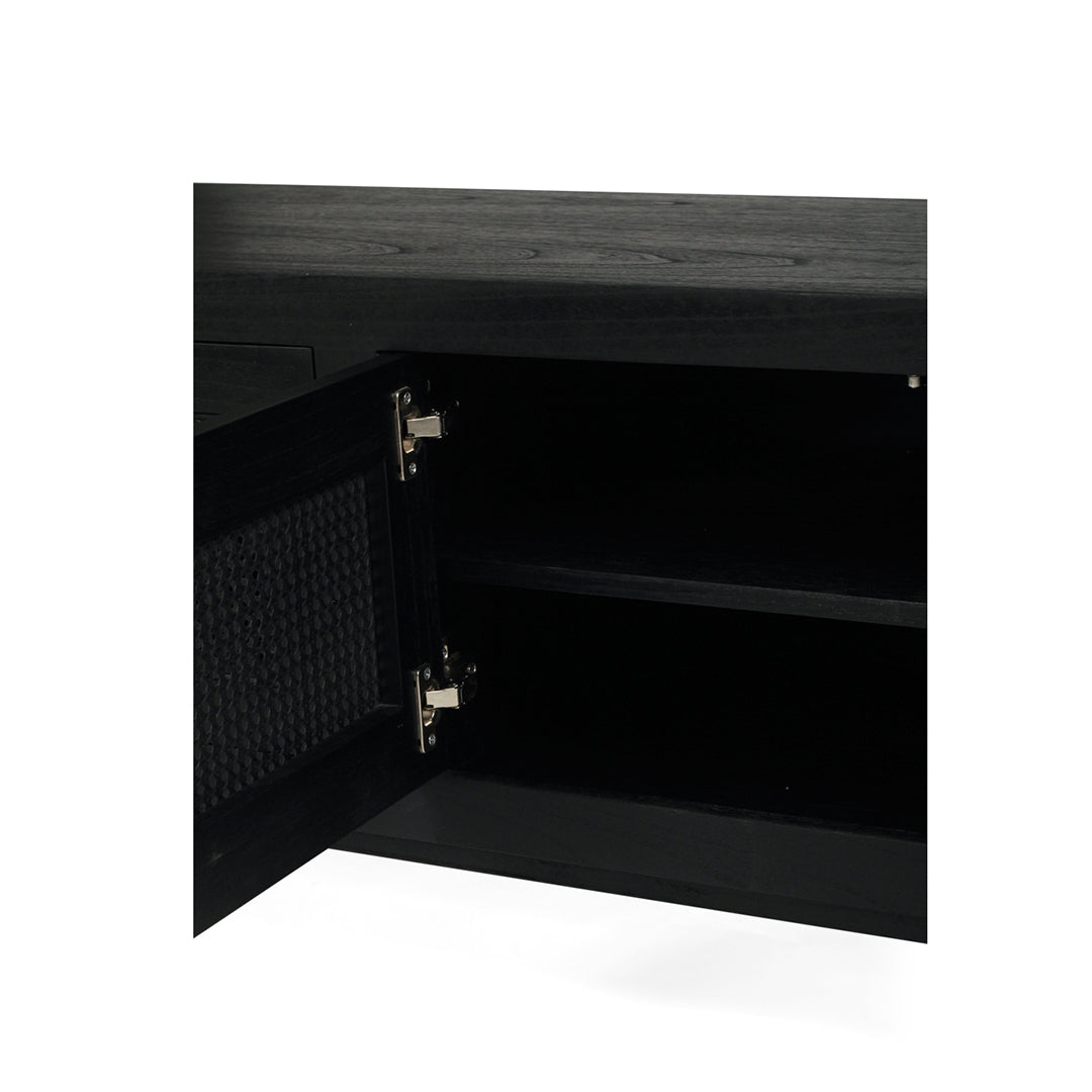 Open storage of Iluka Four Door Entertainment Unit – Black with shelf and cane rattan door design