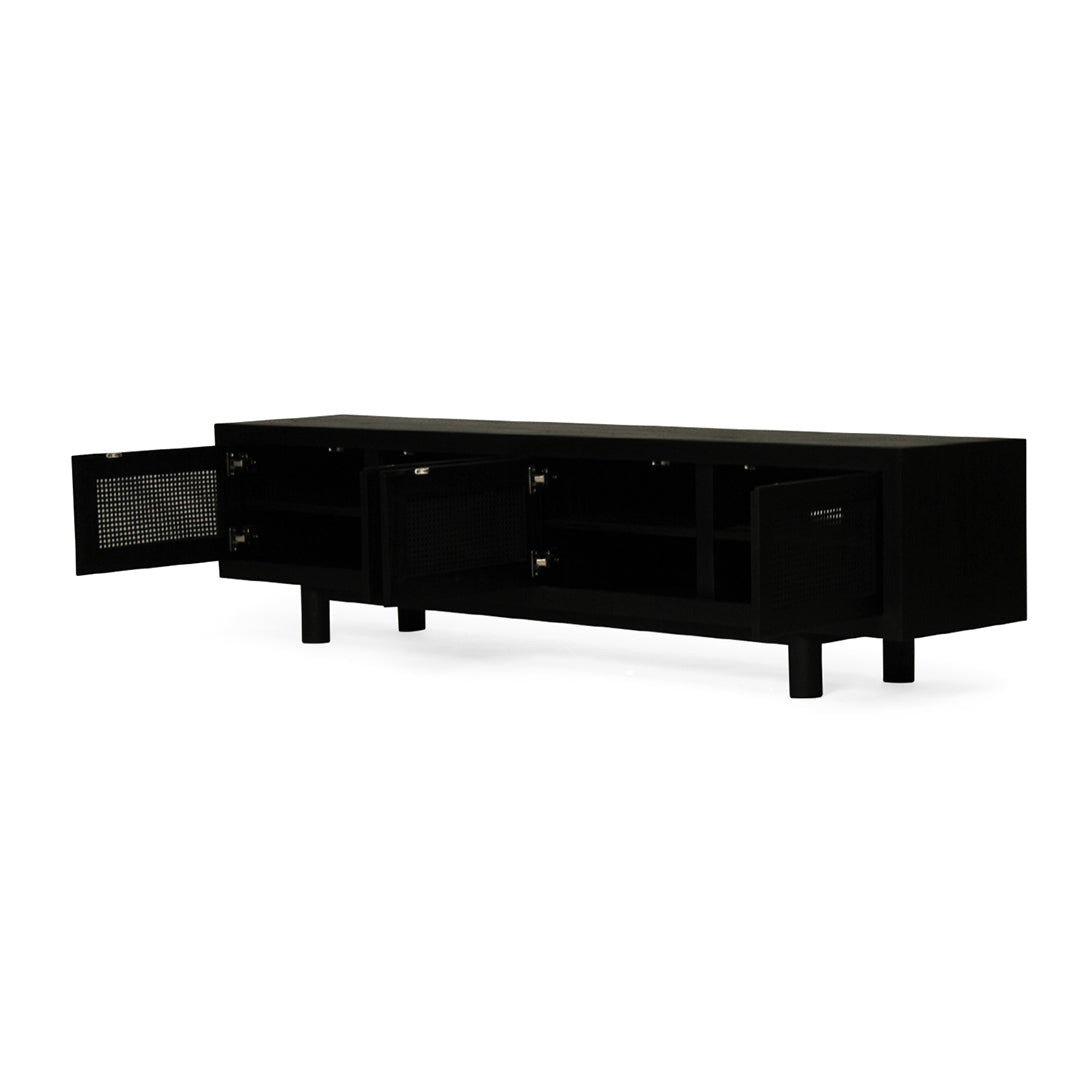 Iluka Four Door Entertainment Unit – Black with open cane door showing inner shelving and storage