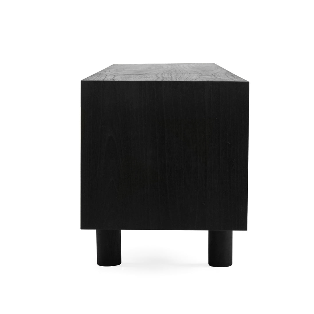Side profile of Iluka Four Door Entertainment Unit – Black crafted in solid timber with smooth black finish