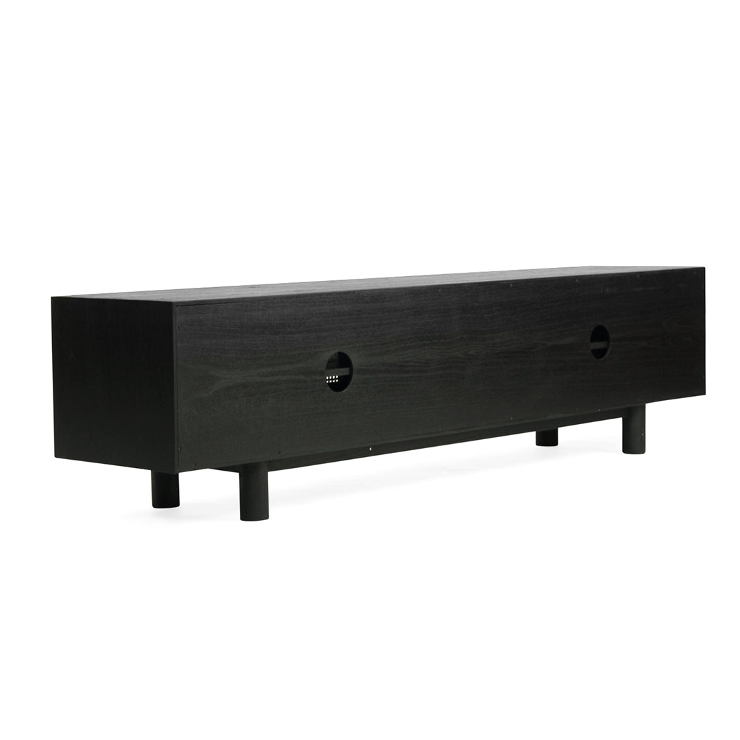 Rear of Iluka Four Door Entertainment Unit – Black showing timber back with round cable management holes