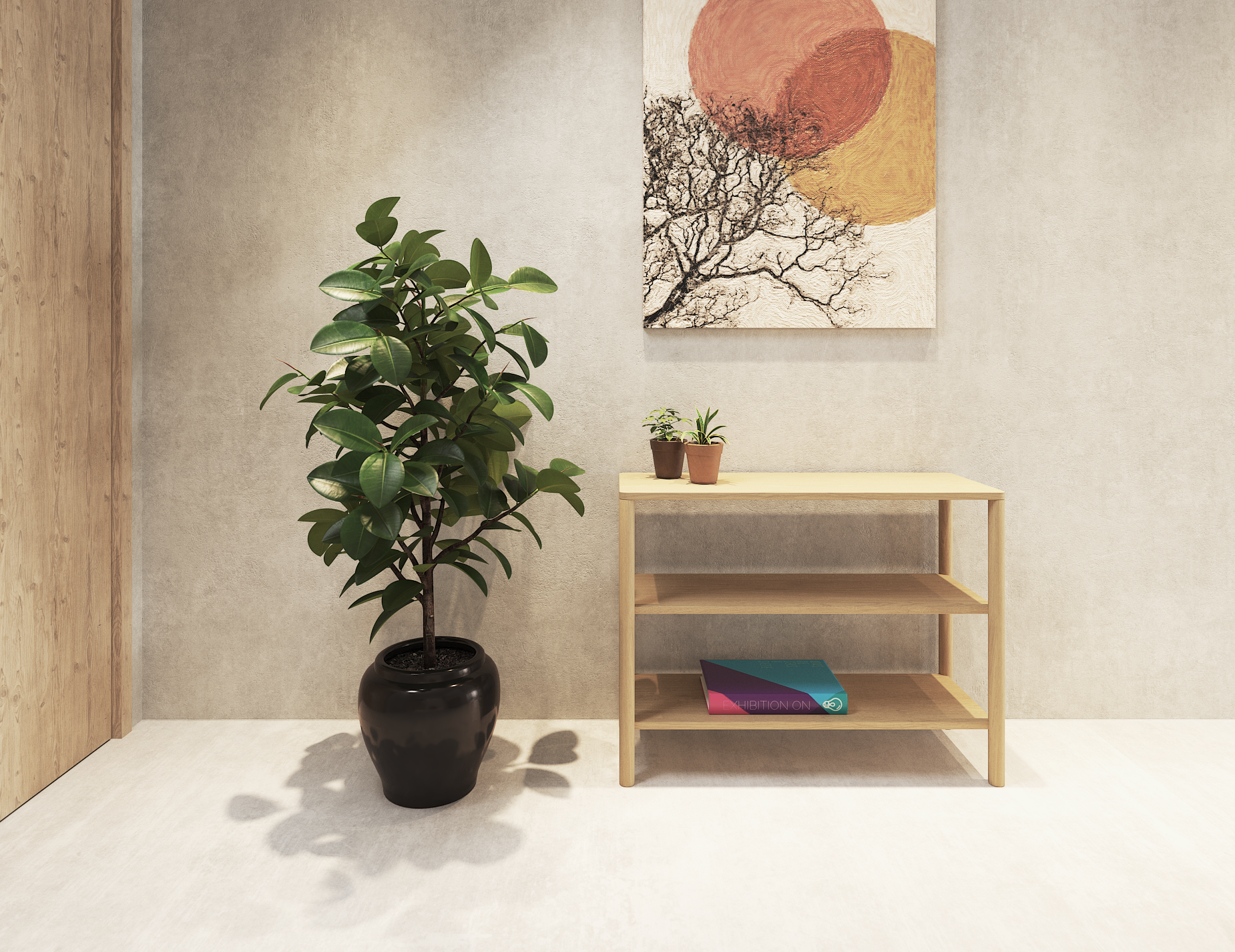 Nordica 2 tier bookshelf in natural wood finish next to a large pot plant and a painting on the wall behind.