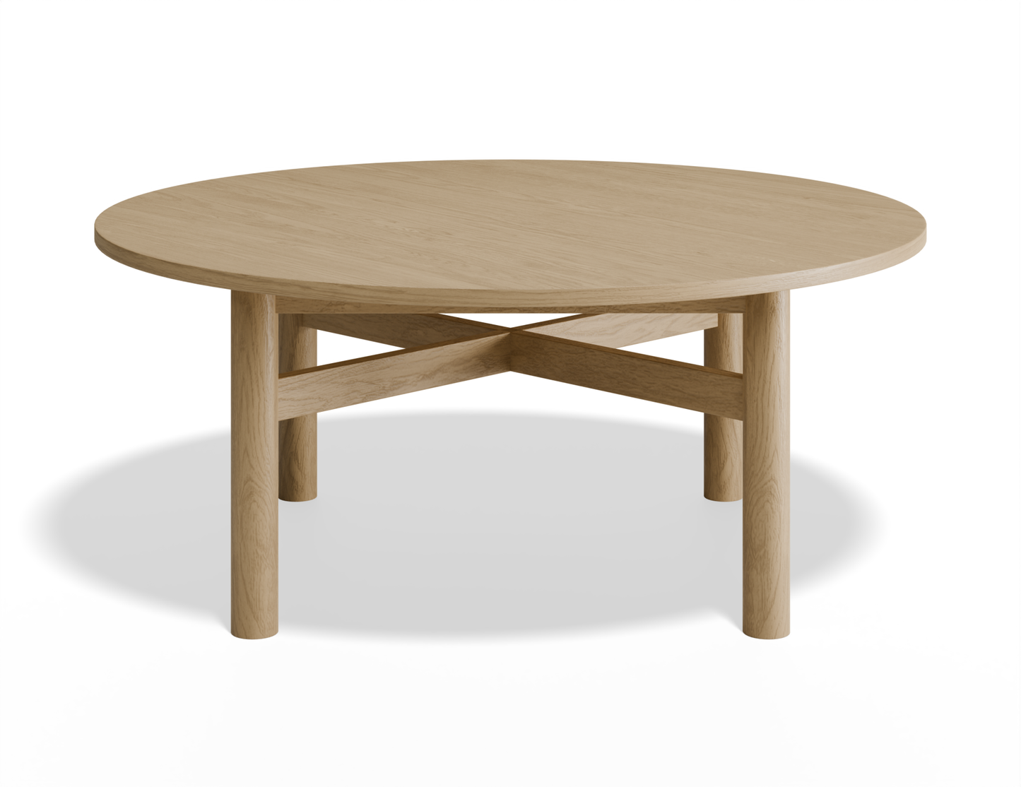Slight aerial view of Nordica round wooden coffee table in natural oak finish