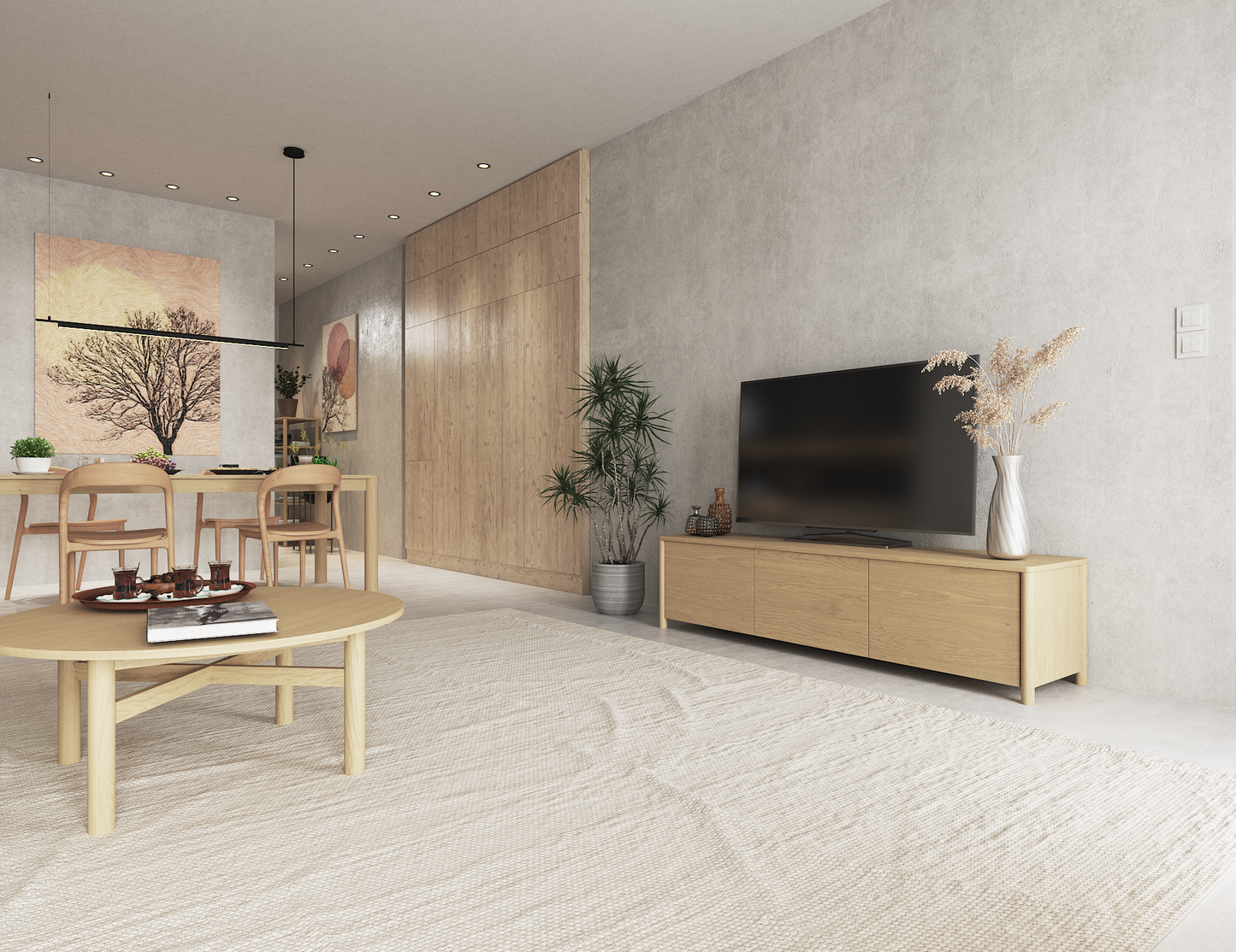 Nordica round wooden coffee table in a nordic lounge setting near a tv unit and dining setting.