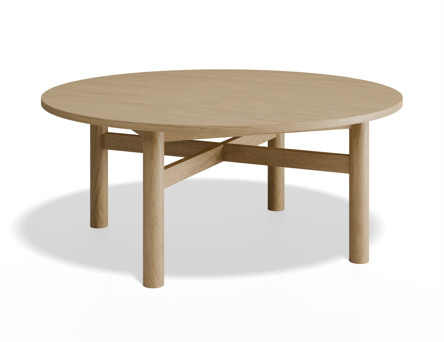 Slightly angle aerial view of a Nordica round wooden coffee table in natural oak finish.