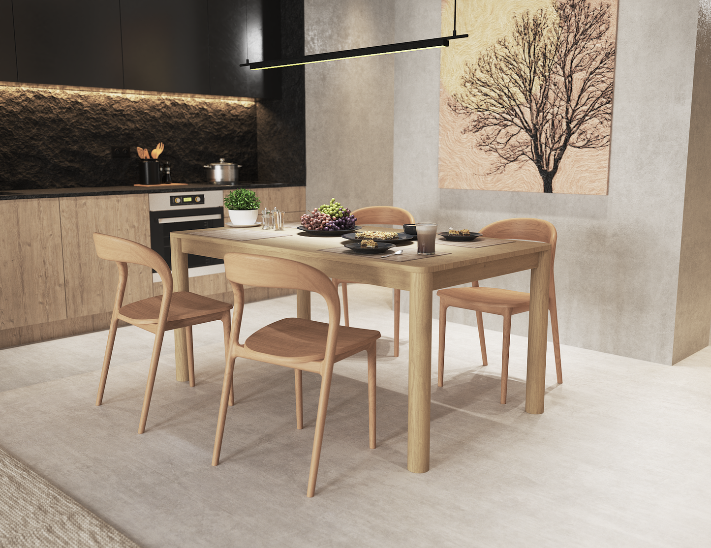 Nordica wooden dining table in natural oak finish in a dining setting with 4 wooden chairs with assorted items on table.