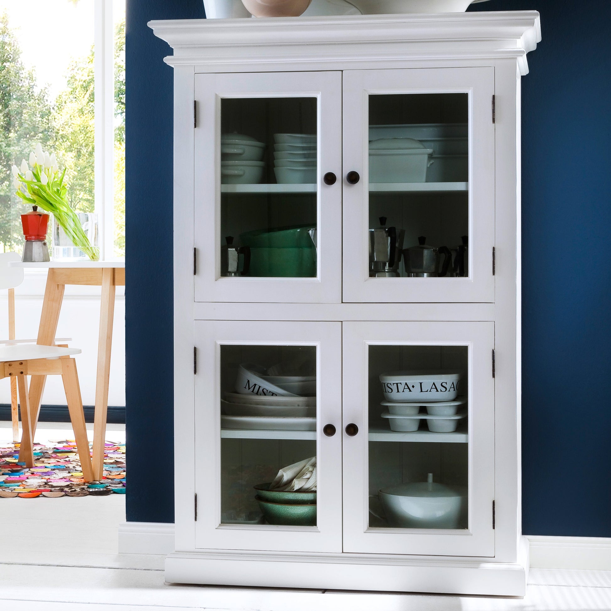 NovaSolo 2 level white timber pantry with 4 glass doors.
