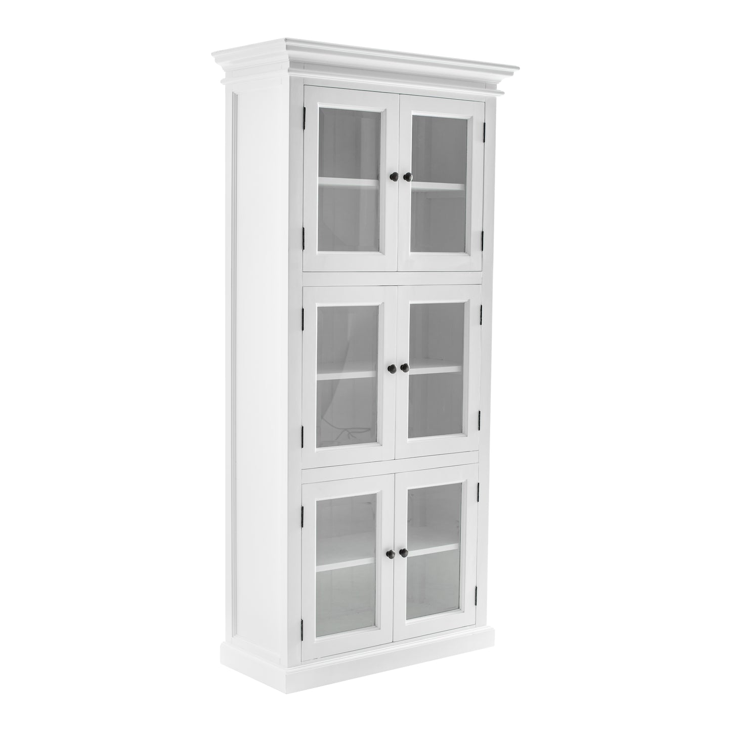 Slightly angled front view of traditional 3 level white timber pantry cabinet with 6 glass doors.