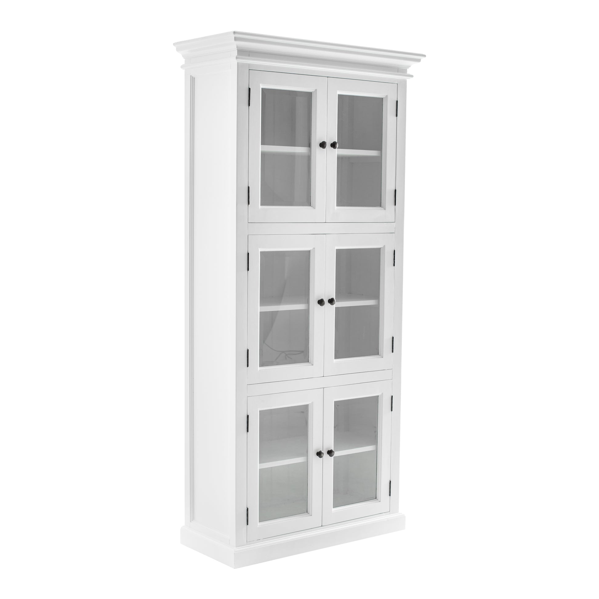 Slightly angled front view of traditional 3 level white timber pantry cabinet with 6 glass doors.