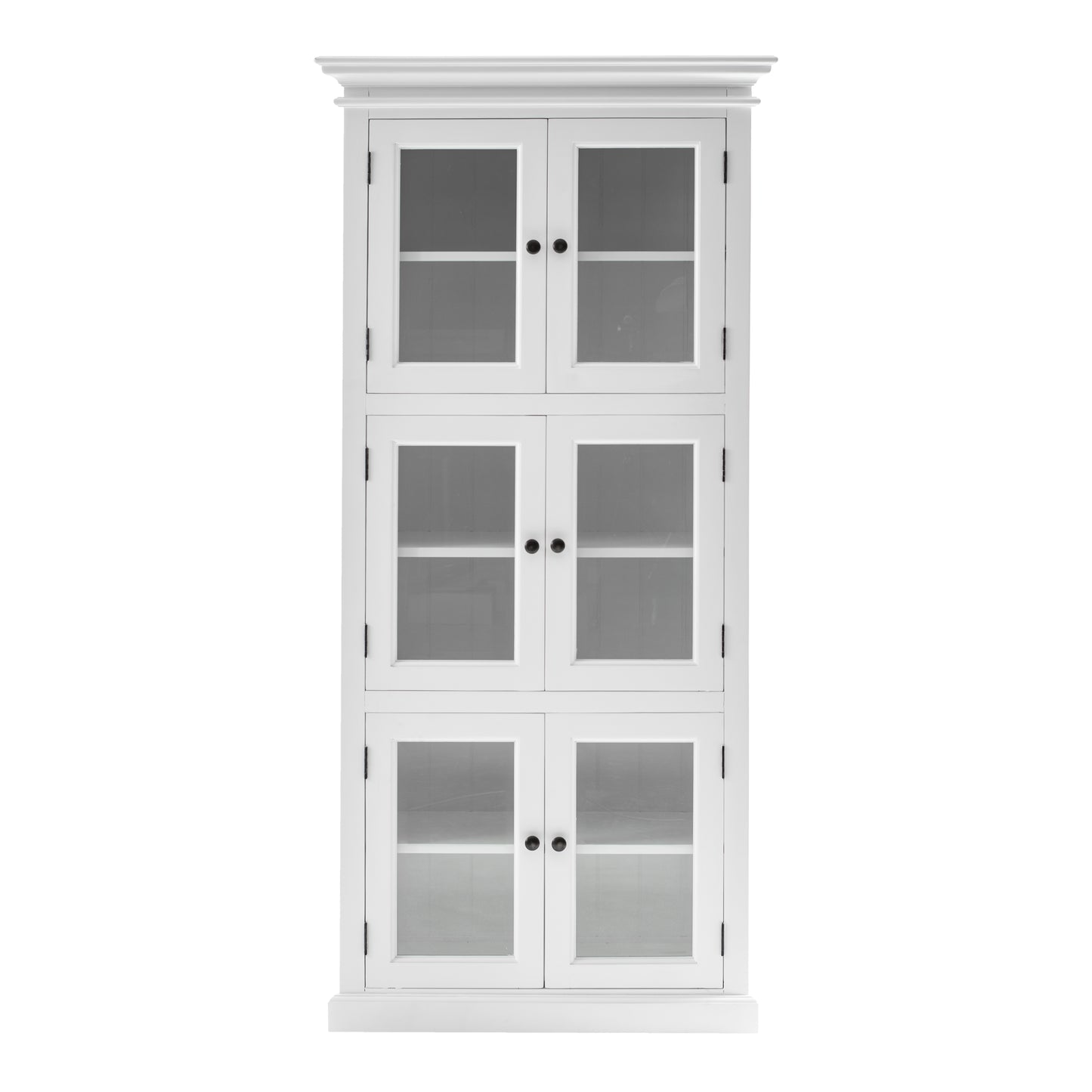 Front view of traditional 3 level white timber pantry cabinet with 6 glass doors.