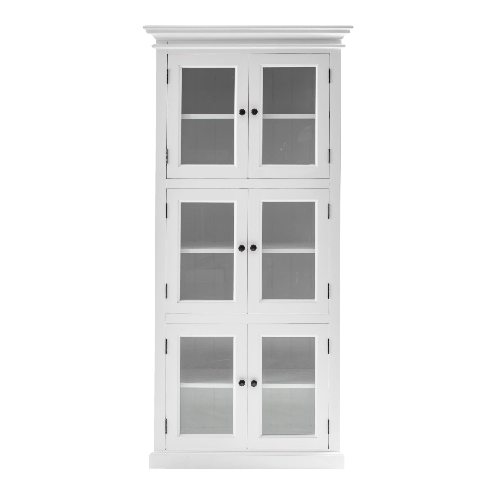 Front view of traditional 3 level white timber pantry cabinet with 6 glass doors.