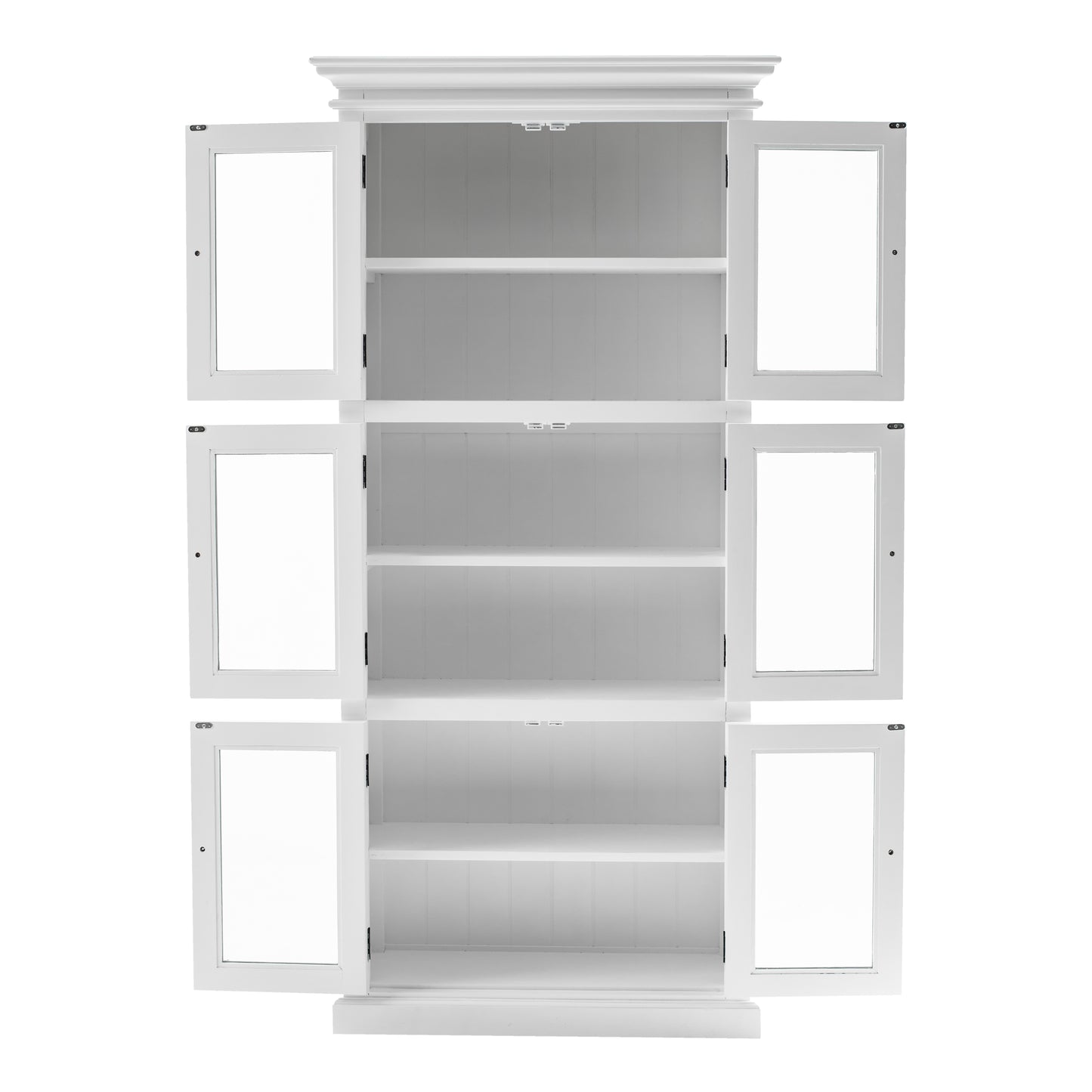 Front view of traditional 3 level white timber pantry cabinet with 6 opened glass doors.
