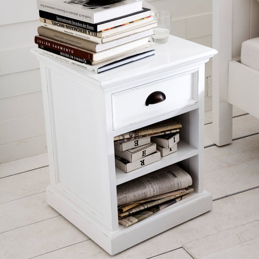 NovaSolo Halifax white timber bedside table with 1 draw, 2 shelves and antique brass hardware.