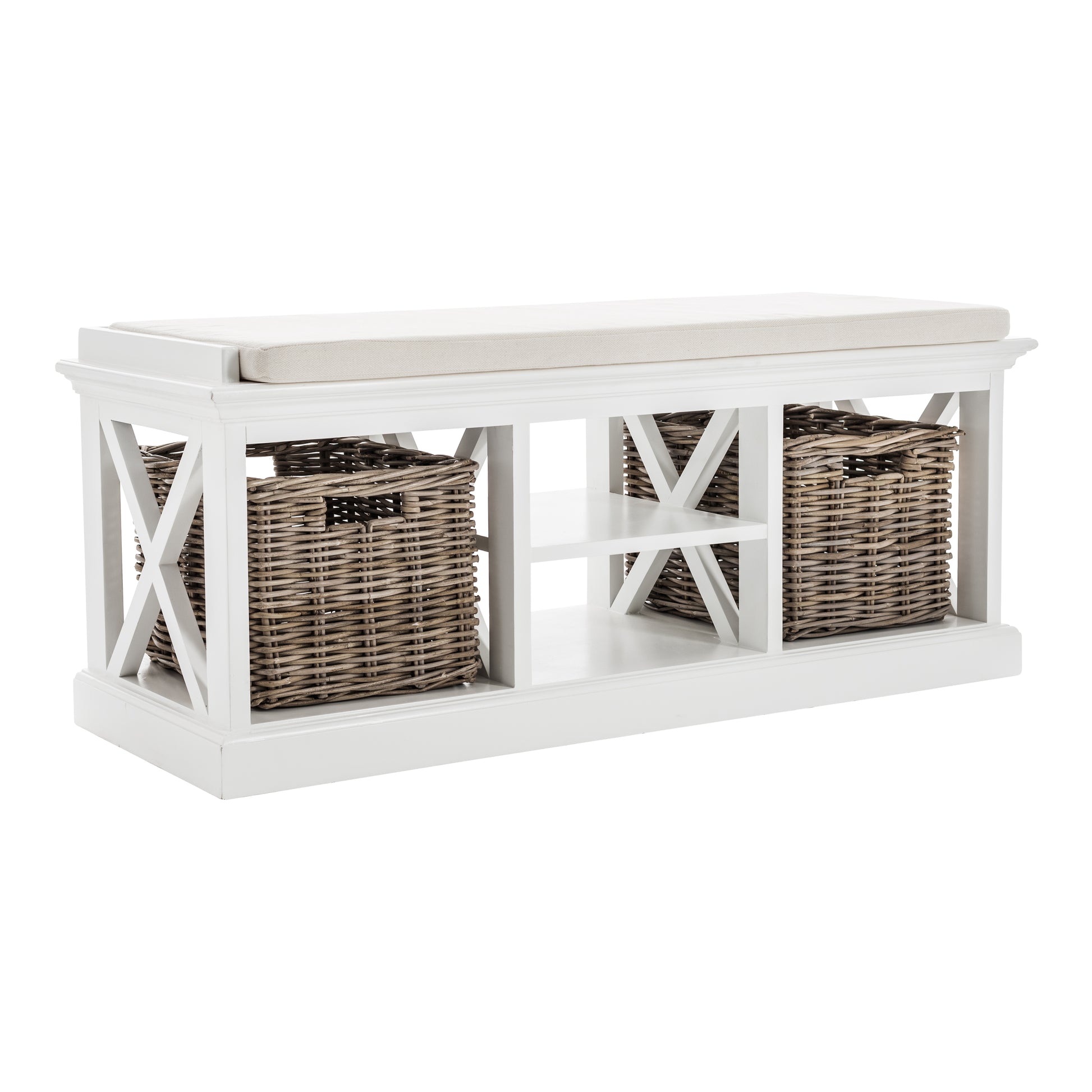 Slightly angled front view of a white timber bench with cushion and 2 basket set.