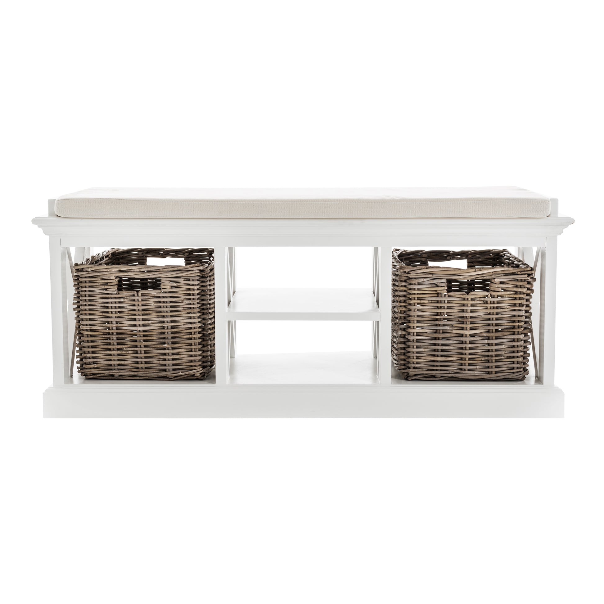 Front view of a white timber bench with cushion and 2 basket set.