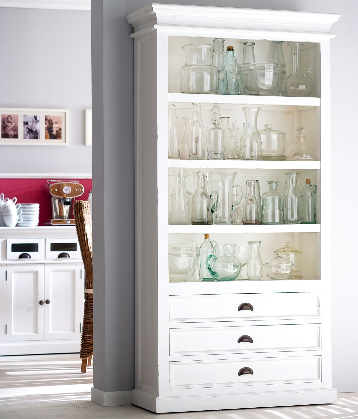NovaSolo Halifax white timber bookcase with 4 shelves and 3 drawers with antique brass hardware.