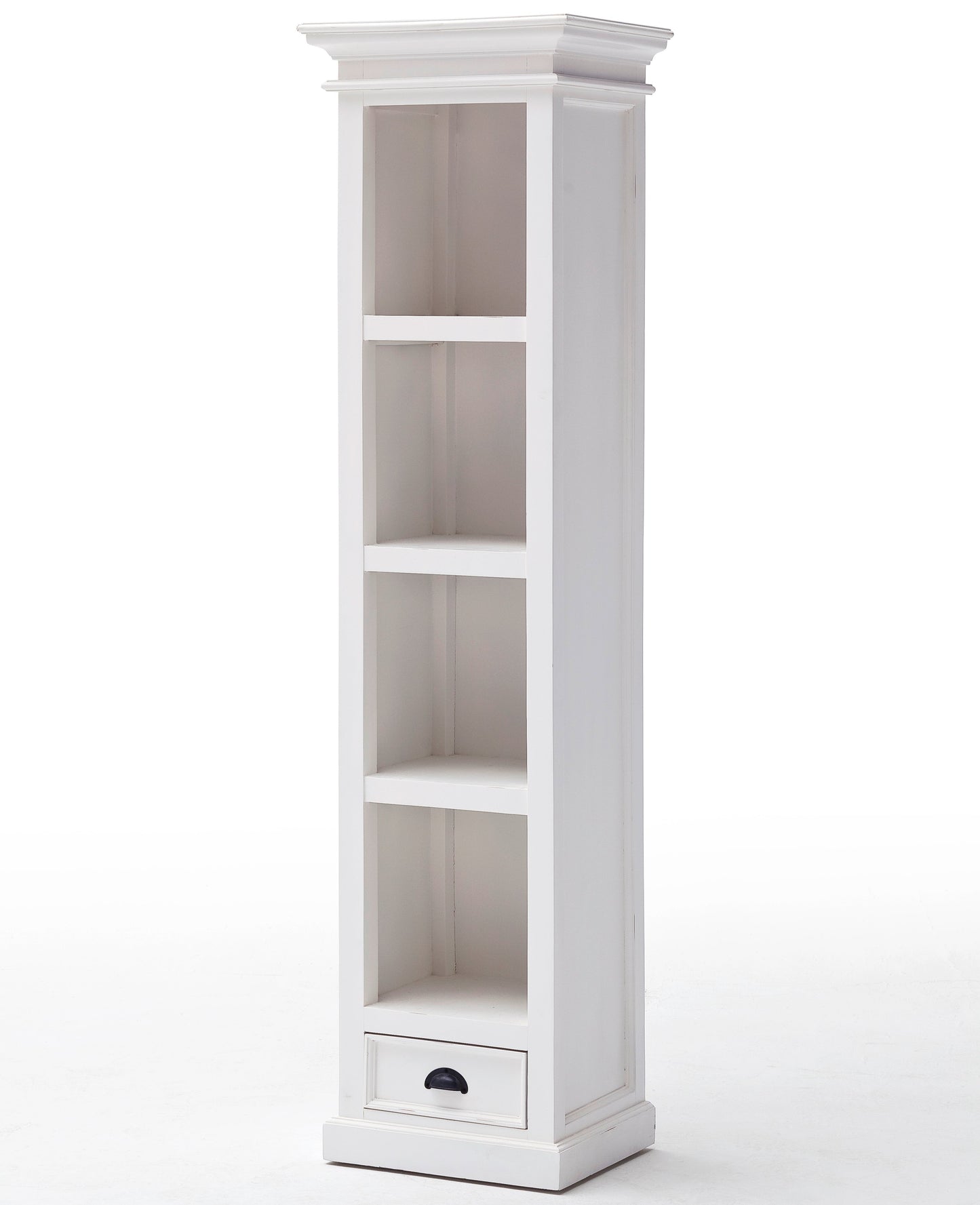 Slightly angled front view of a white wooden bookshelf with 4 shelves and 1 drawer with antique brass hardware.