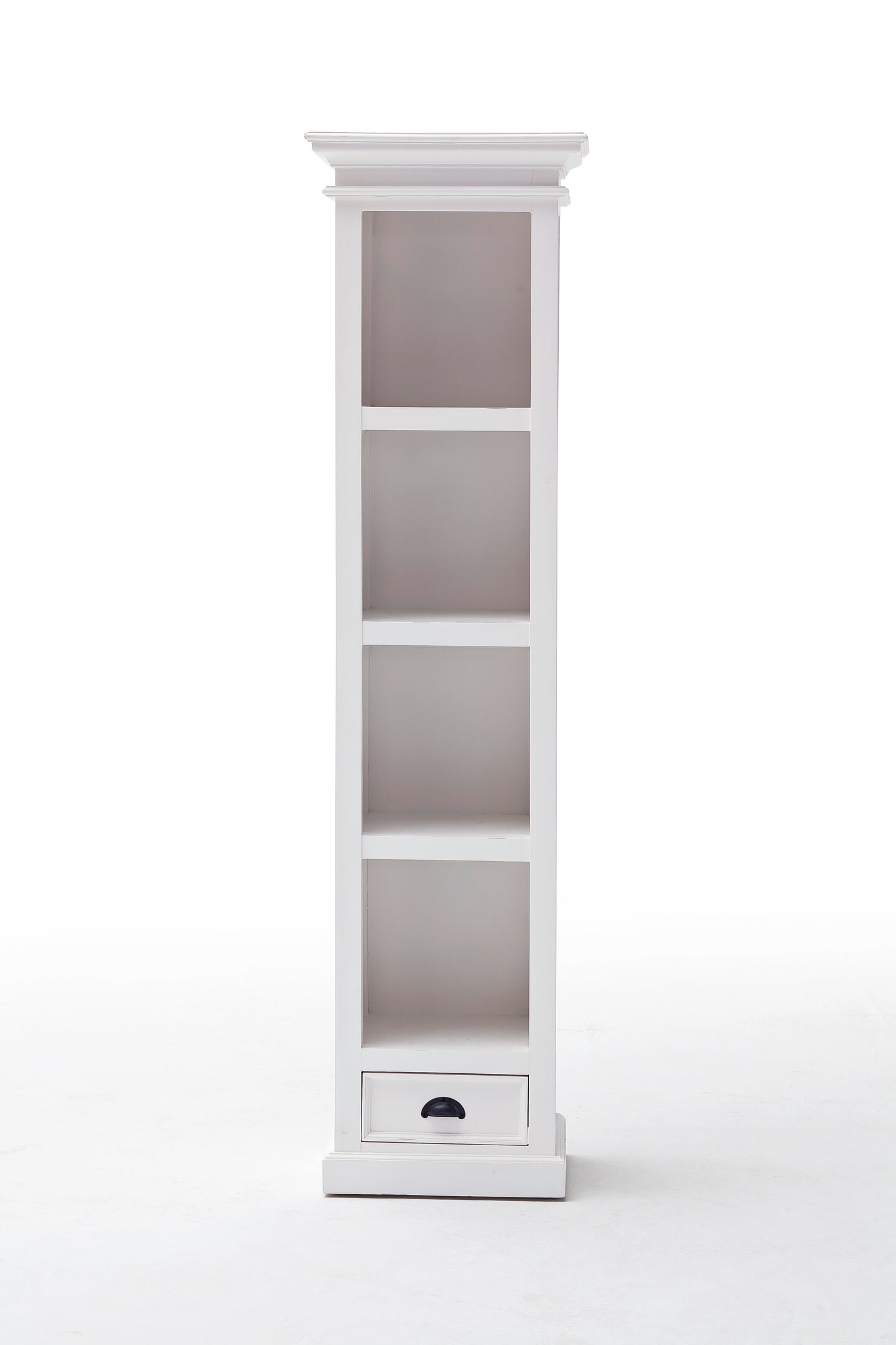 Front view of a white wooden bookshelf with 4 shelves and 1 drawer with antique brass hardware.