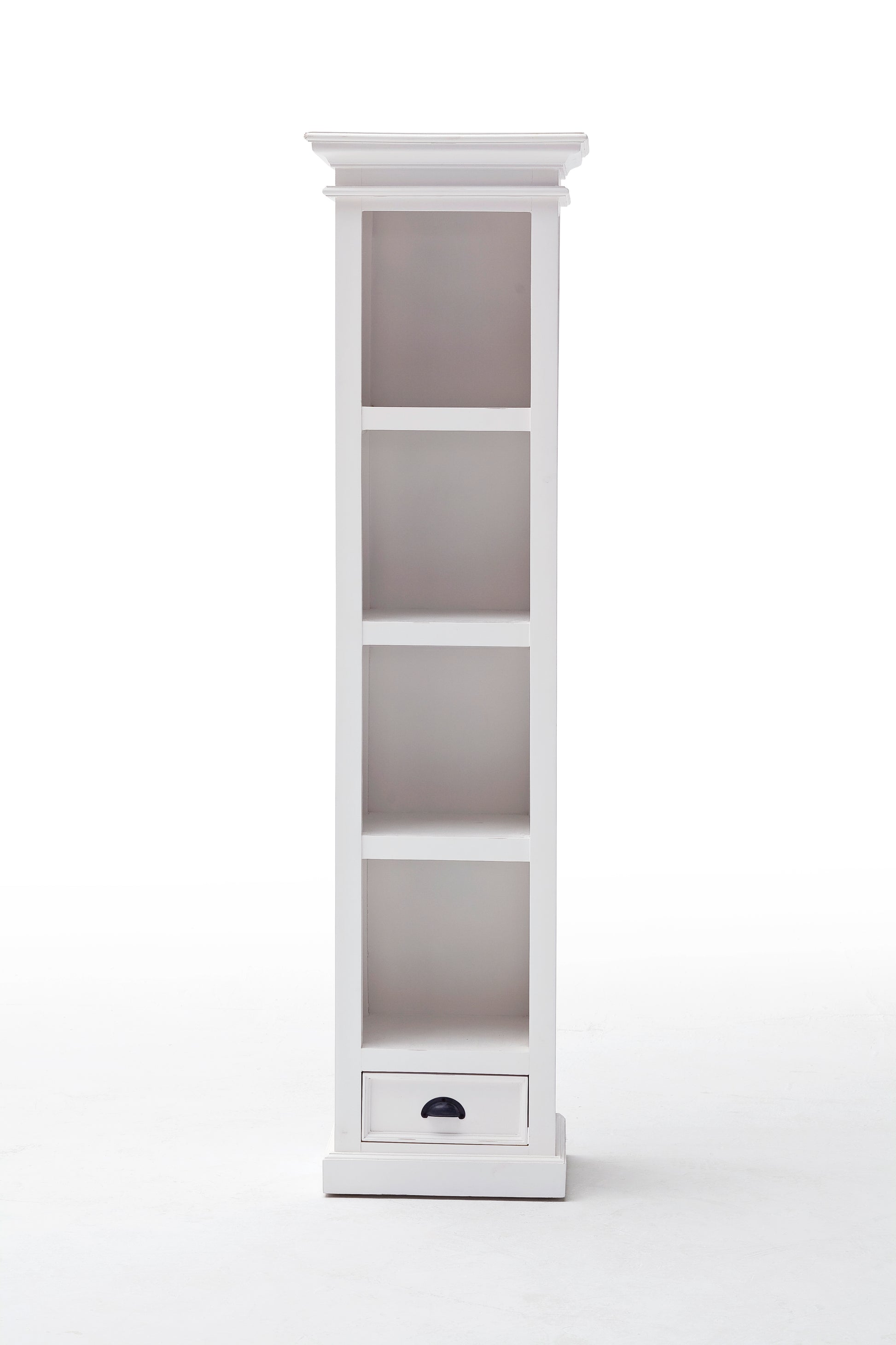 Front view of a white wooden bookshelf with 4 shelves and 1 drawer with antique brass hardware.