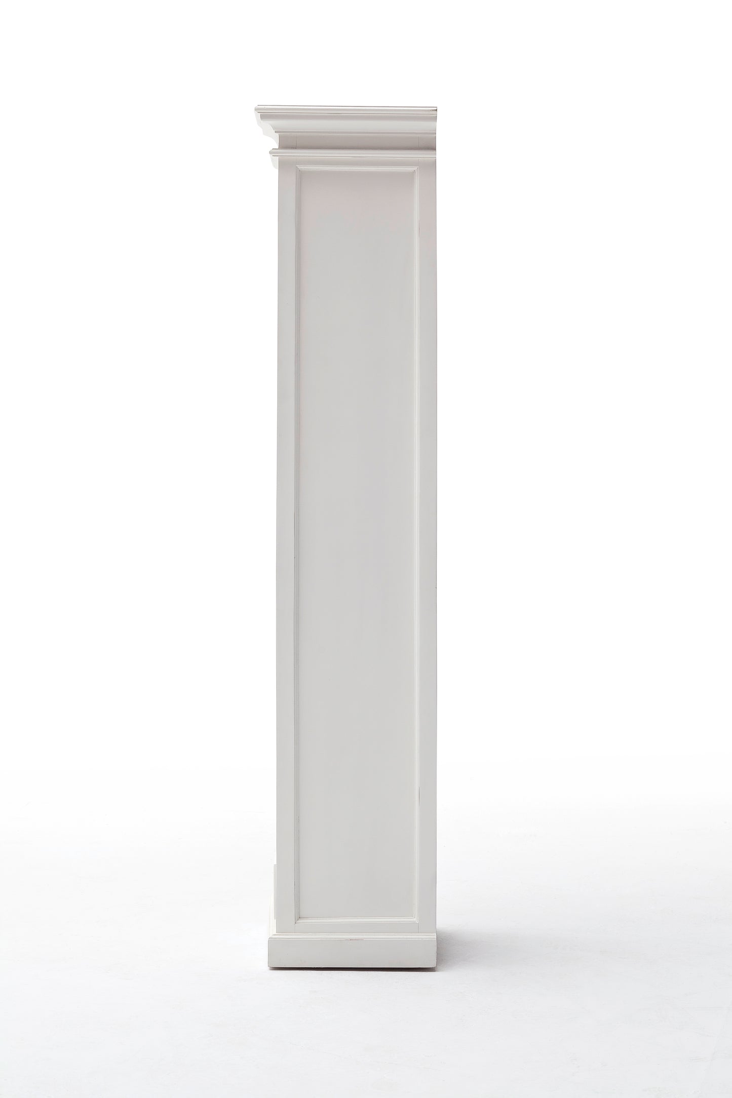 Side view of a white wooden bookshelf with 4 shelves and 1 drawer with antique brass hardware.