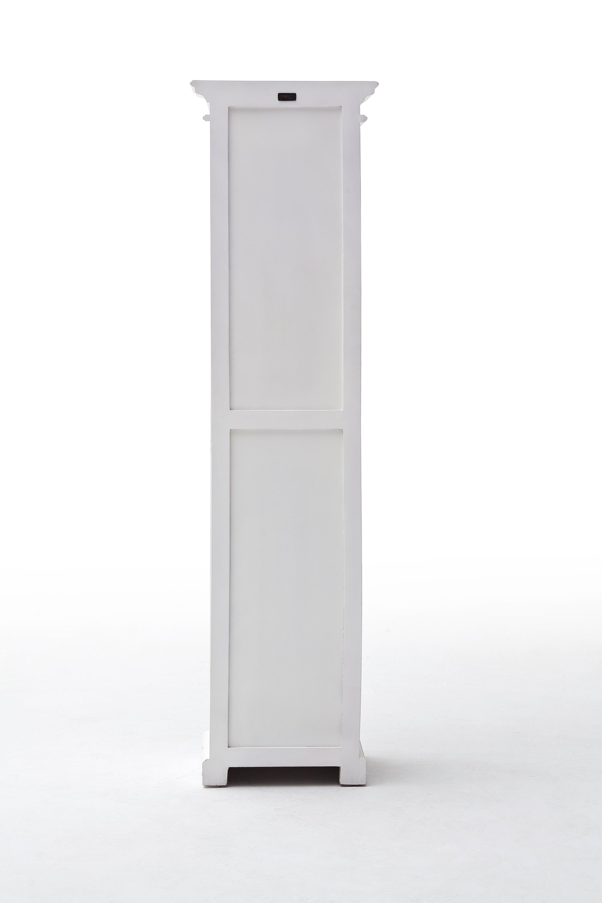 Rear view of a white wooden bookshelf with 4 shelves and 1 drawer with antique brass hardware.