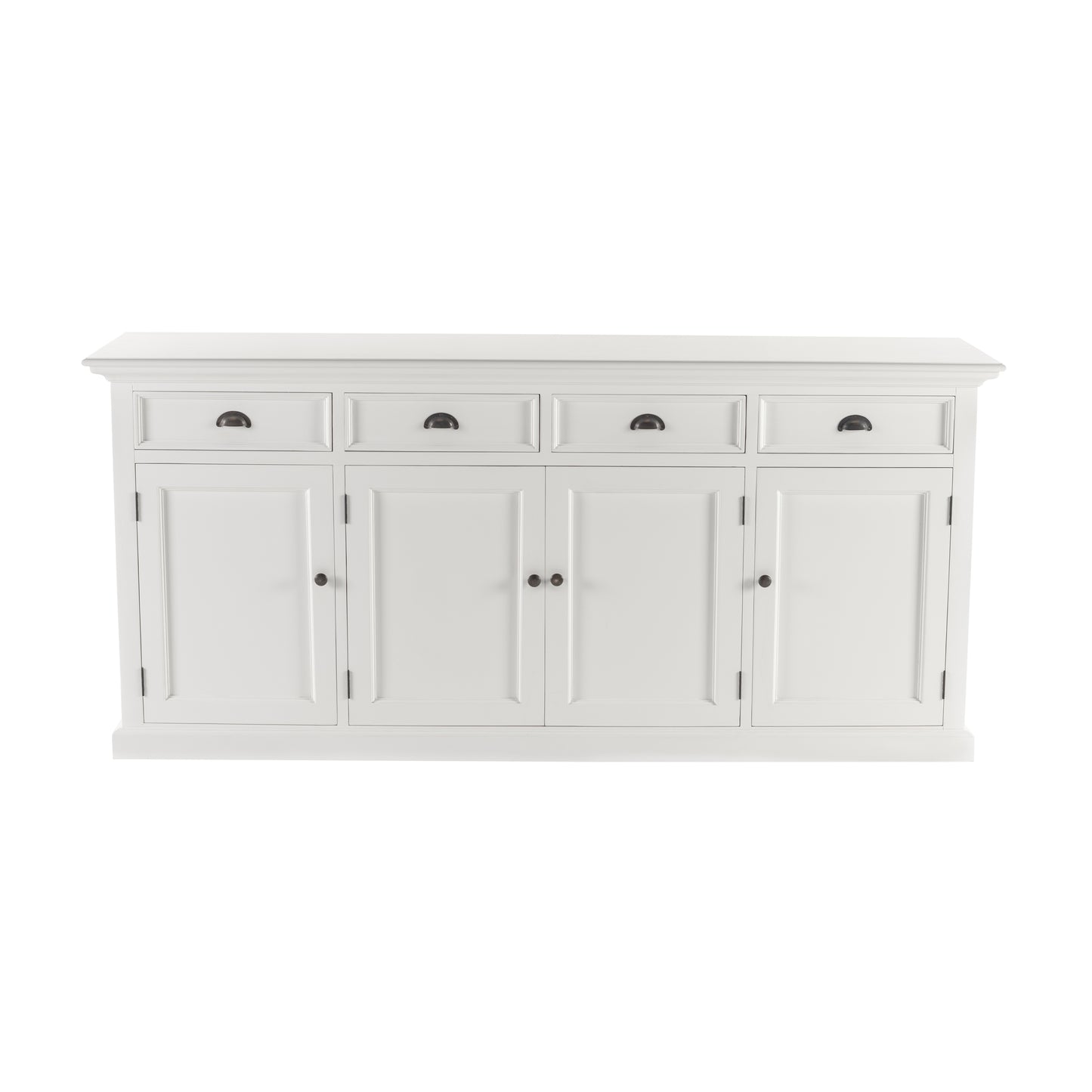 Front view of a white wooden buffet with 4 doors and 4 drawers with antique brass hardware.