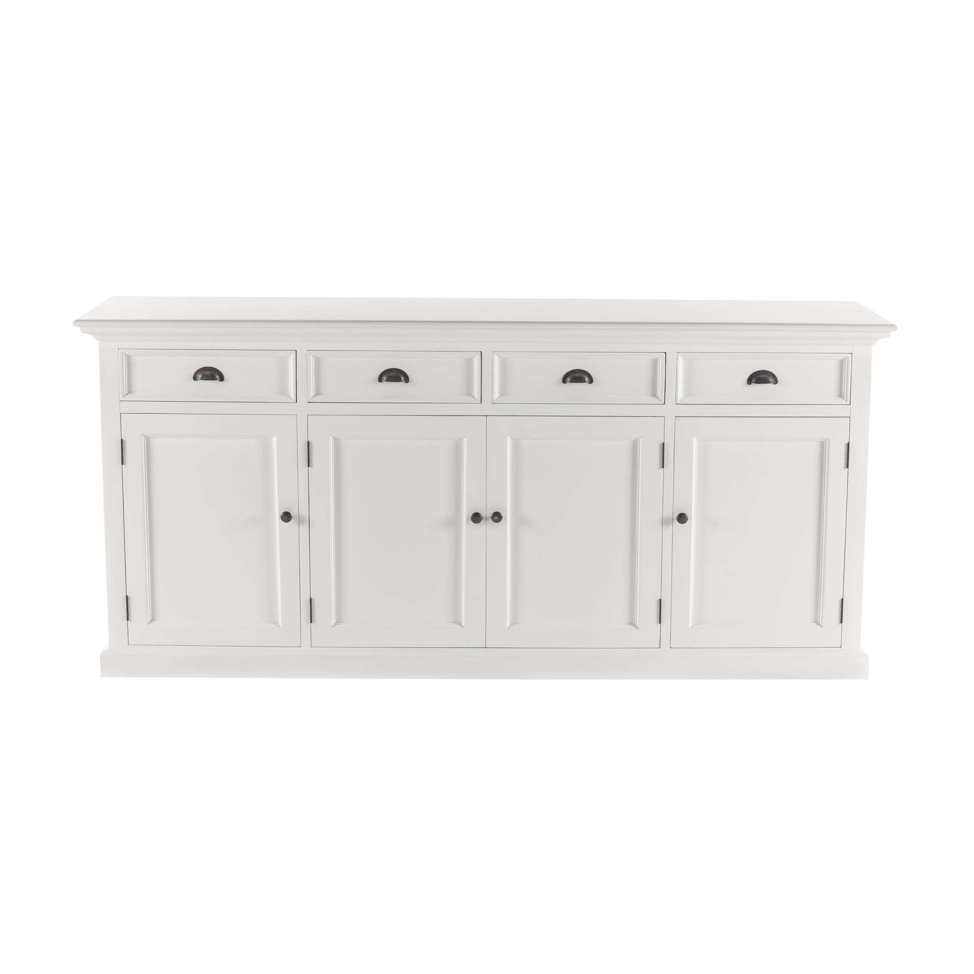 Front view of a white wooden buffet with 4 doors and 4 drawers with antique brass hardware.