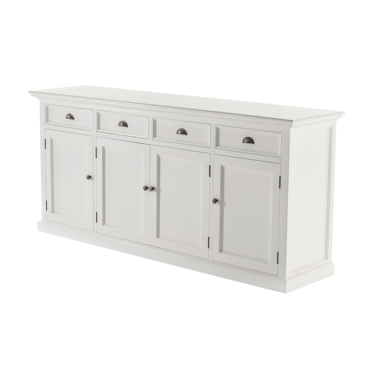 Slightly angled front view of a white wooden buffet with 4 doors and 4 drawers with antique brass hardware.