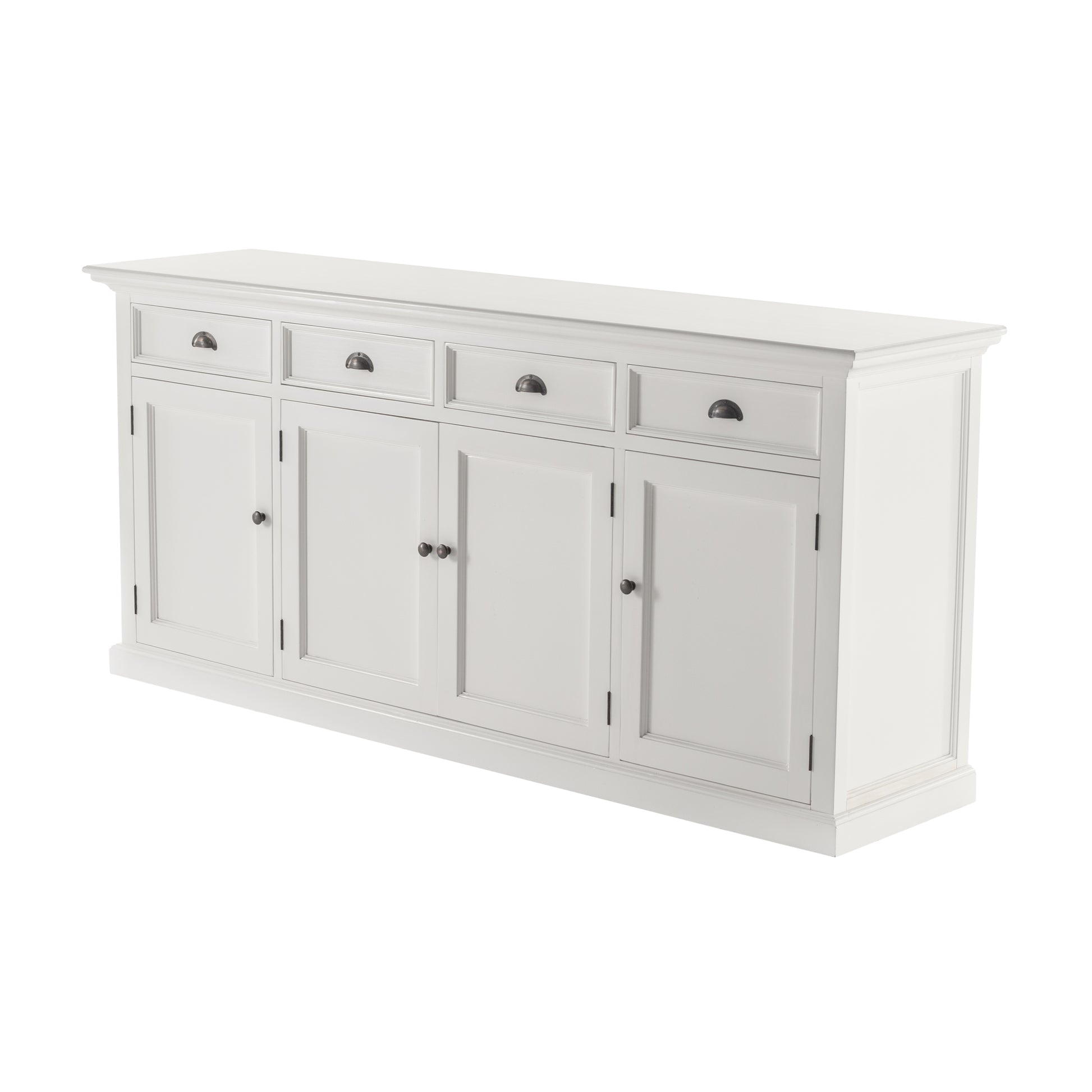 Slightly angled front view of a white wooden buffet with 4 doors and 4 drawers with antique brass hardware.