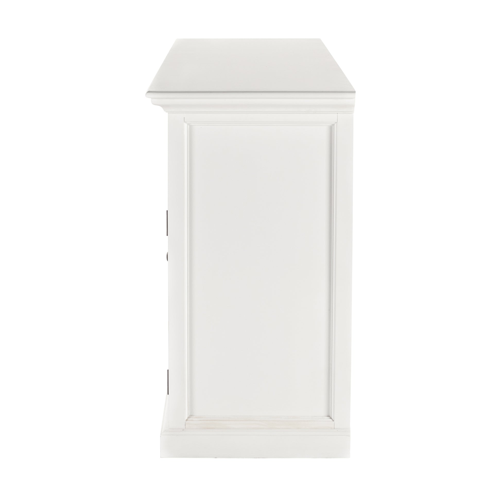 Side view of a white wooden buffet with 4 doors and 4 drawers with antique brass hardware.