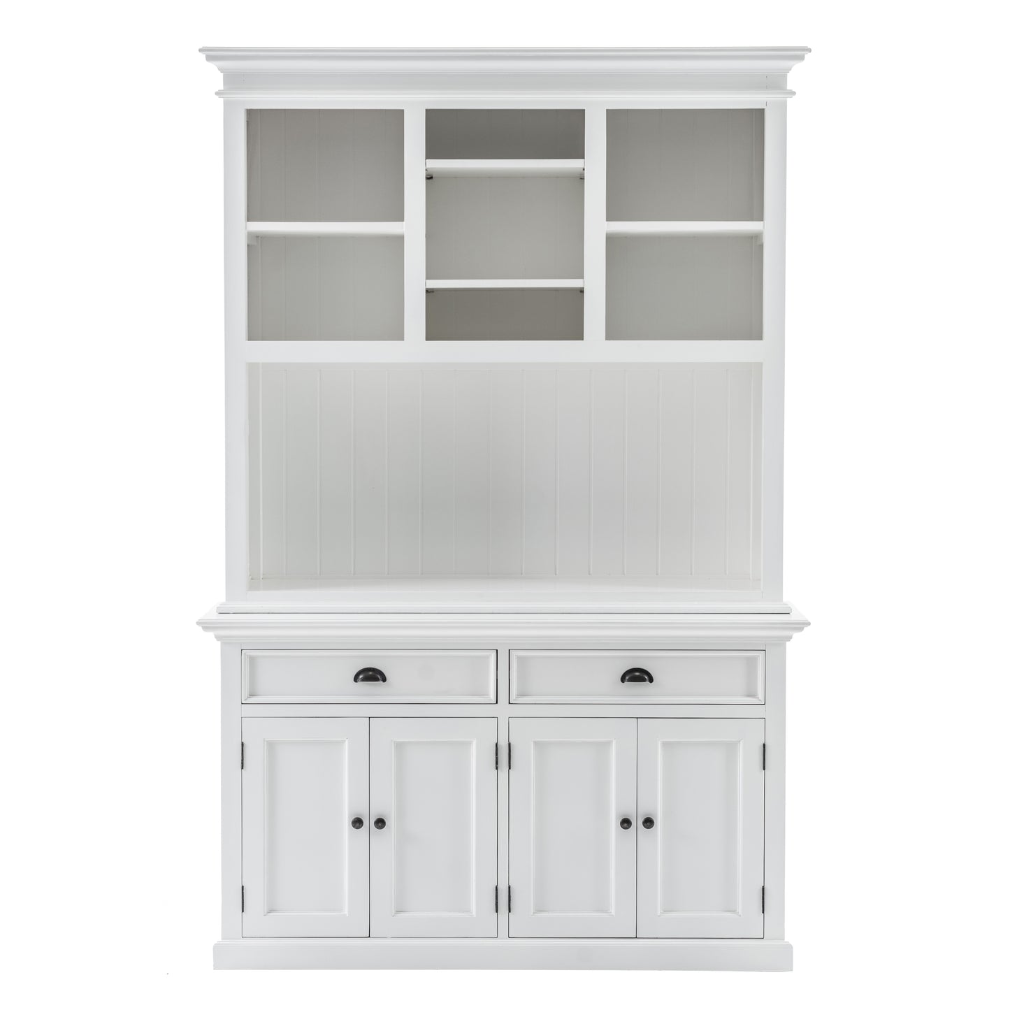 Front view of white wooden buffet hutch unit with 2 adjustable shelves, 4 doors and 2 drawers with antique brass hardware.