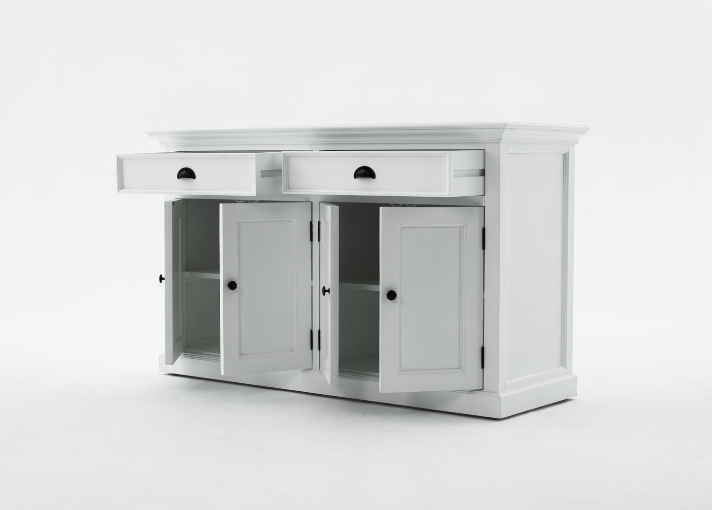 Slightly angled front view of white wooden buffet hutch base unit with 4 doors and 2 drawers, all of which are open, with antique brass hardware.
