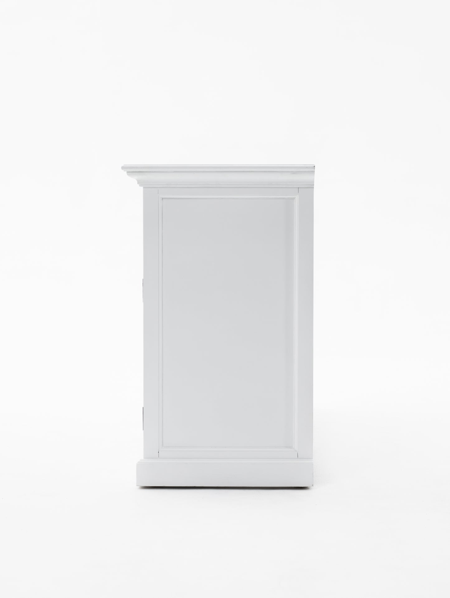 Side view of white wooden buffet hutch base unit.