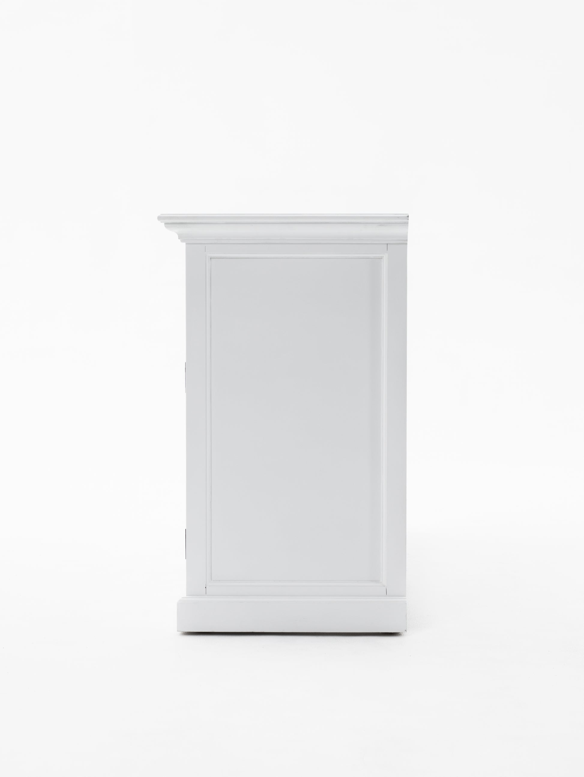 Side view of white wooden buffet hutch base unit.
