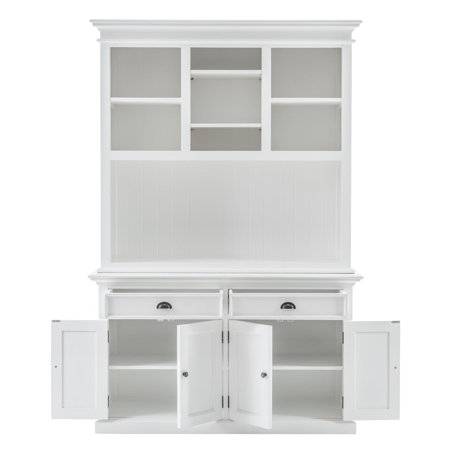 Front view of white wooden buffet hutch unit with 2 adjustable shelves.  The base unit has 4 doors and 2 drawers, which are all open.