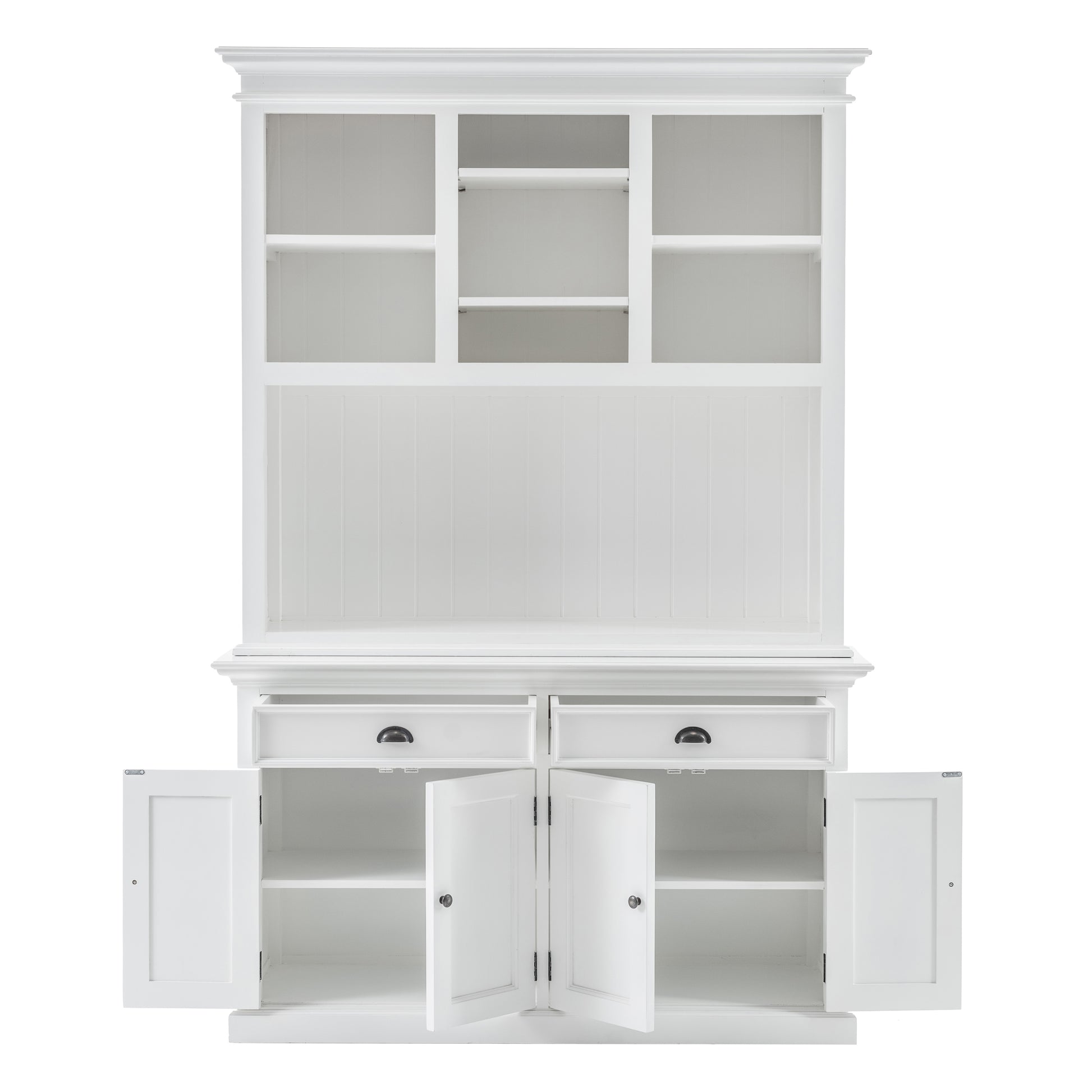 Front view of white wooden buffet hutch unit with 2 adjustable shelves.  The base unit has 4 doors and 2 drawers, which are all open.
